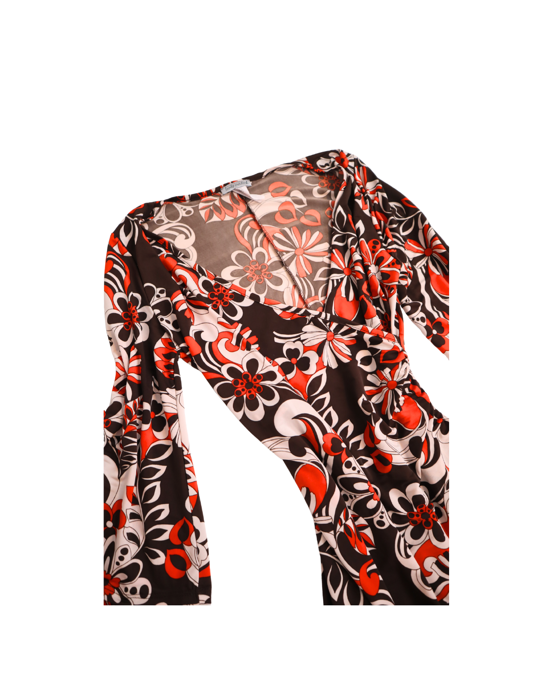 Brown, White And Orange Floral Flared Sleeves Mini Dress