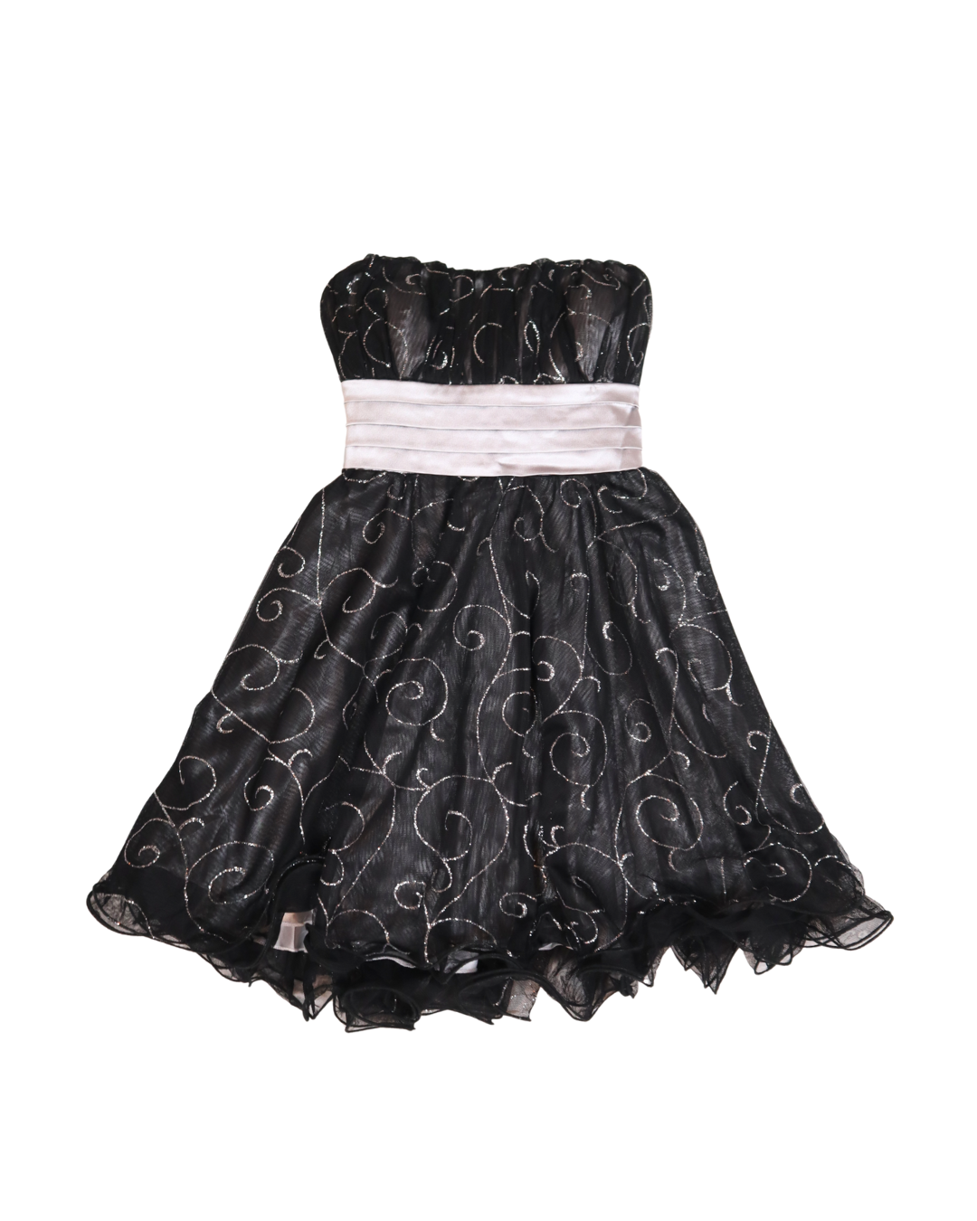 Strapless Black and Silver Sparkly Swirl Tie Back Mini Dress
