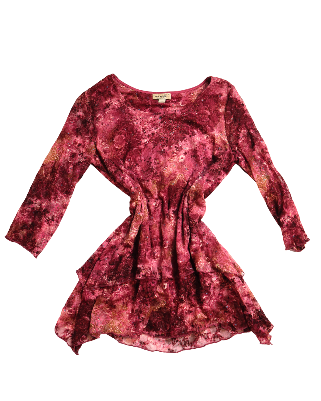 Red And Pink Layered Mesh Embellished Quarter Sleeve Top