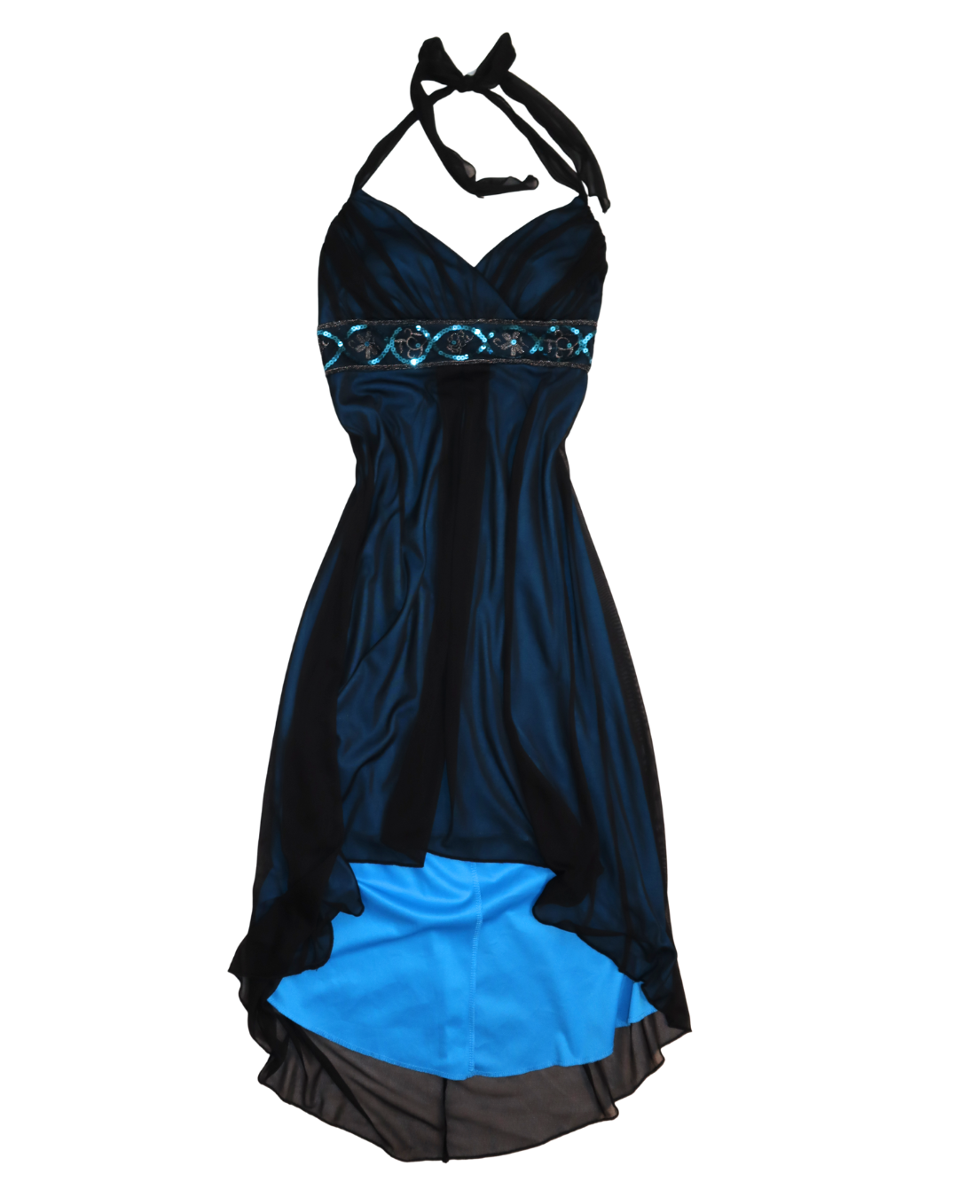 Black And Blue Embellished Halter Neck Hi-Low Mini Dress