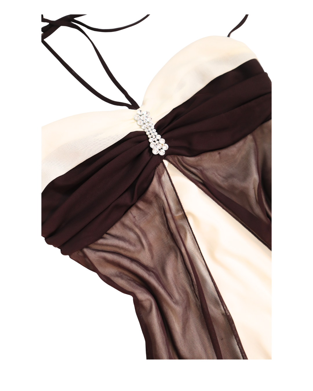 Y2K Brown And Cream Split Color Tie Halter Neck Dress
