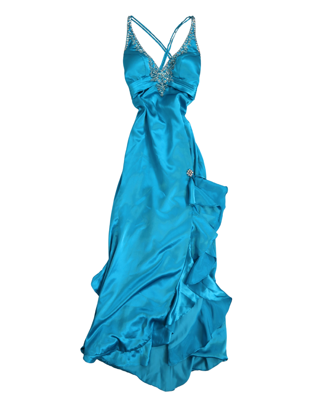 Blue Embellished Ruffled Slit Dress