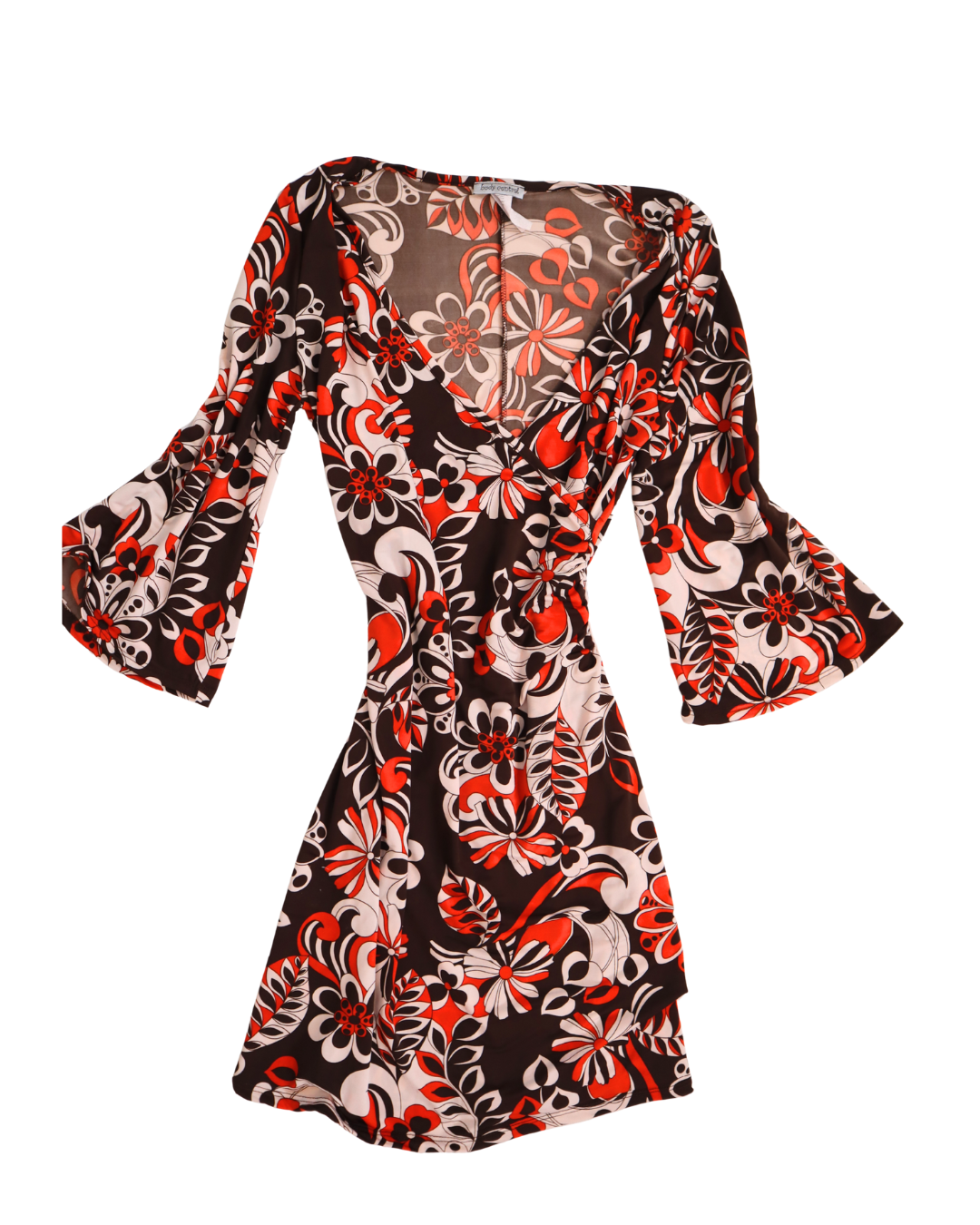 Brown, White And Orange Floral Flared Sleeves Mini Dress