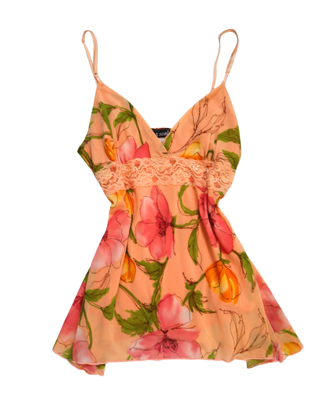 Y2K Lace Embellished Orange Floral Tank Top