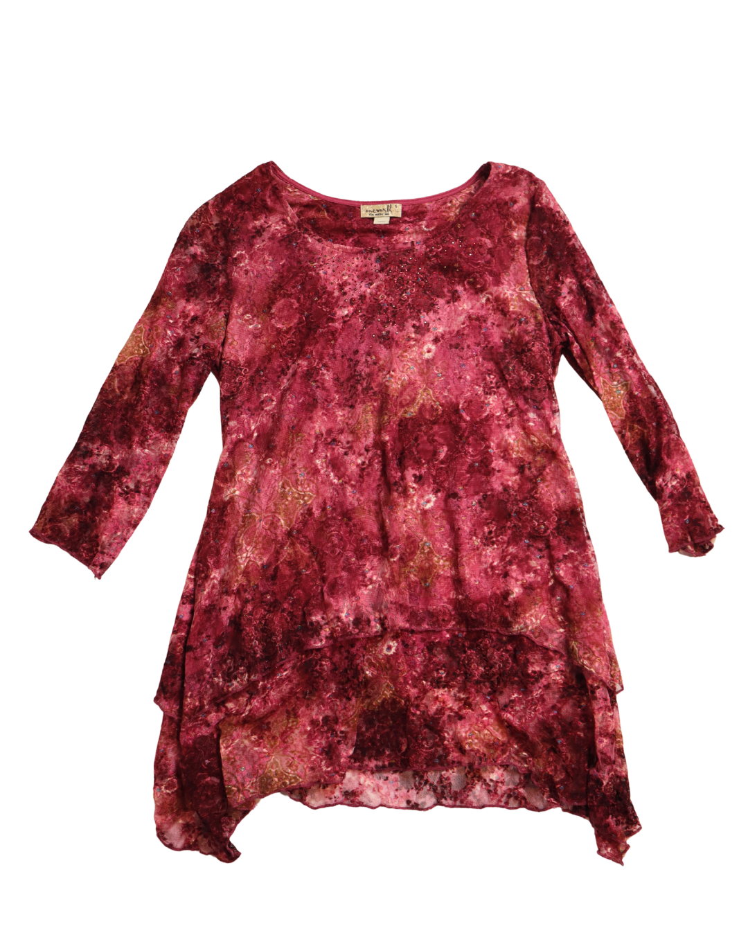 Red And Pink Layered Mesh Embellished Quarter Sleeve Top