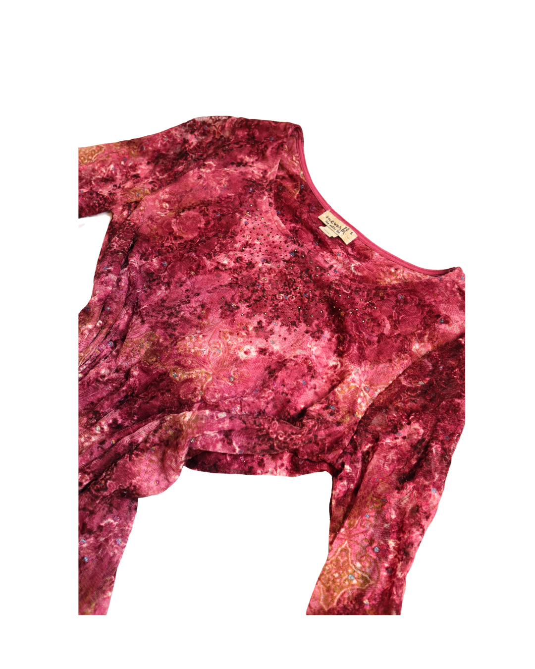 Red And Pink Layered Mesh Embellished Quarter Sleeve Top