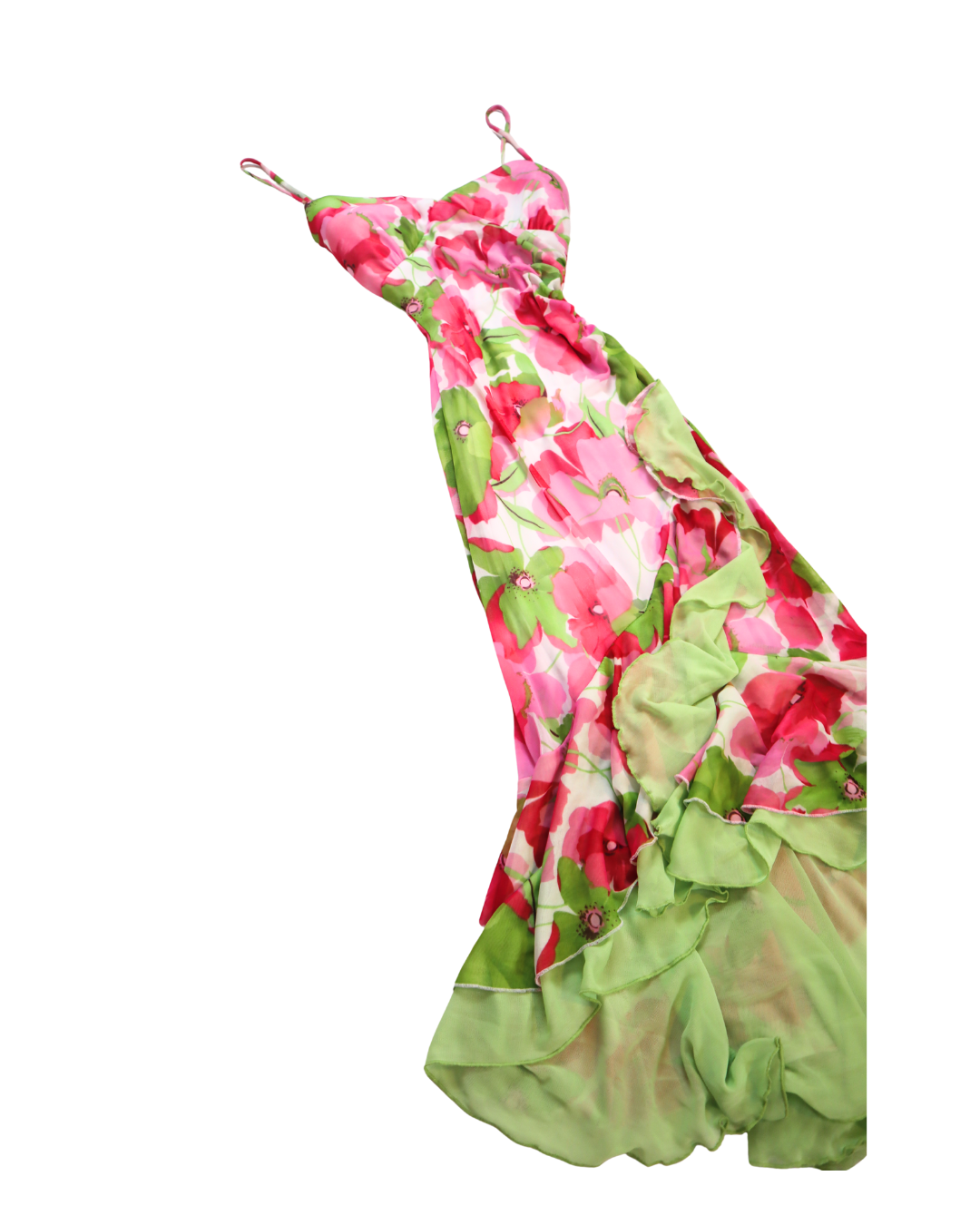 Y2K Pink And Green Floral Ruffle Bottom Dress