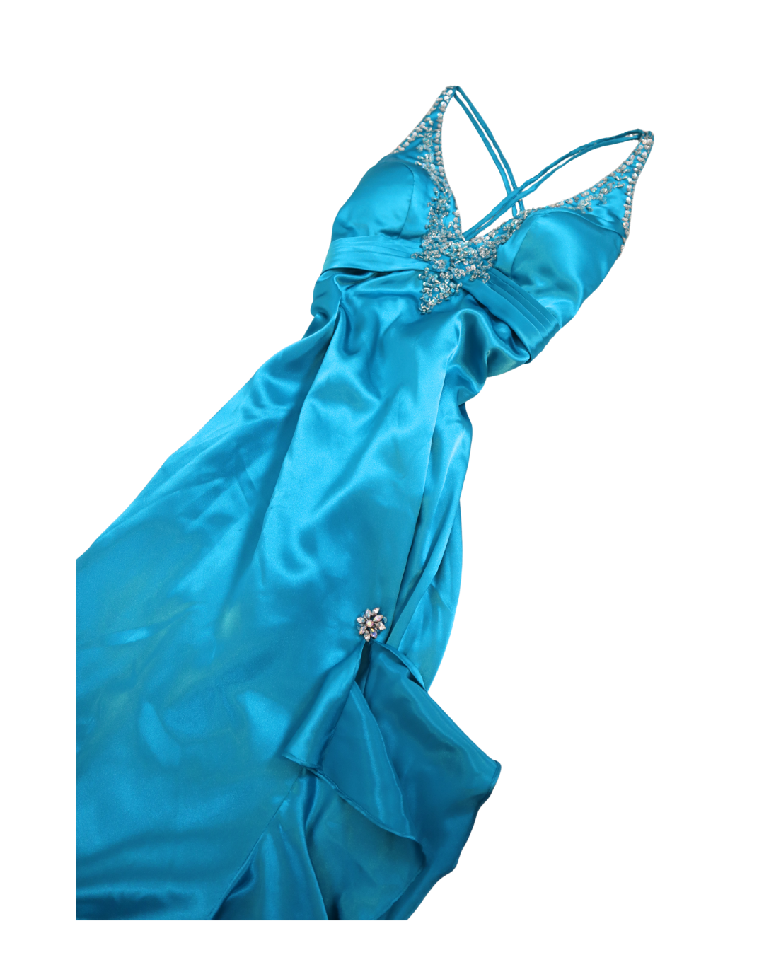 Blue Embellished Ruffled Slit Dress