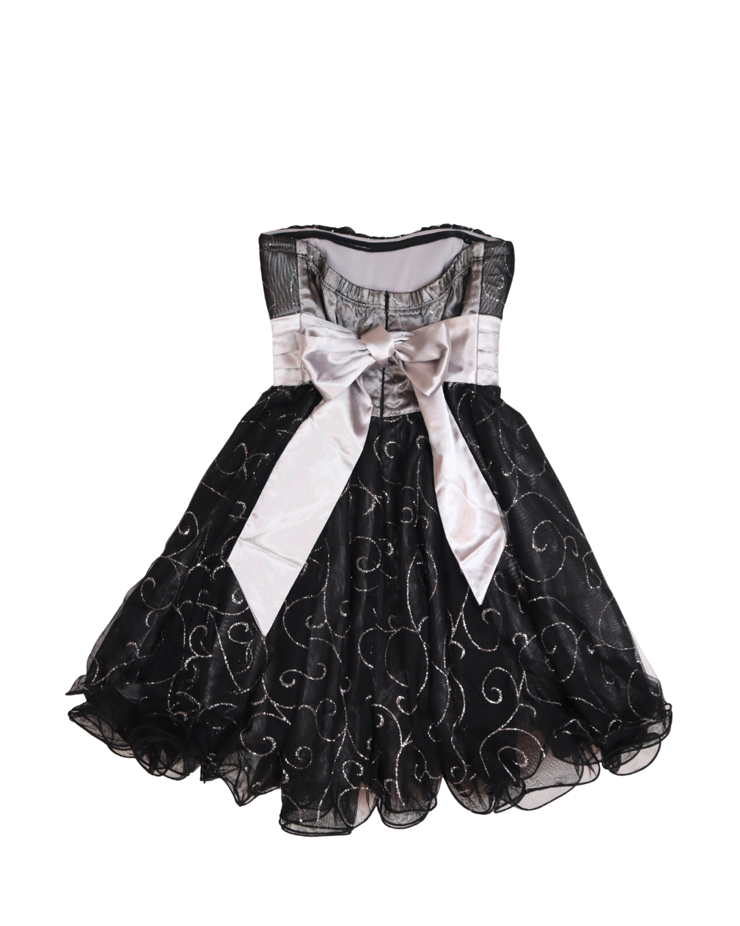 Strapless Black and Silver Sparkly Swirl Tie Back Mini Dress