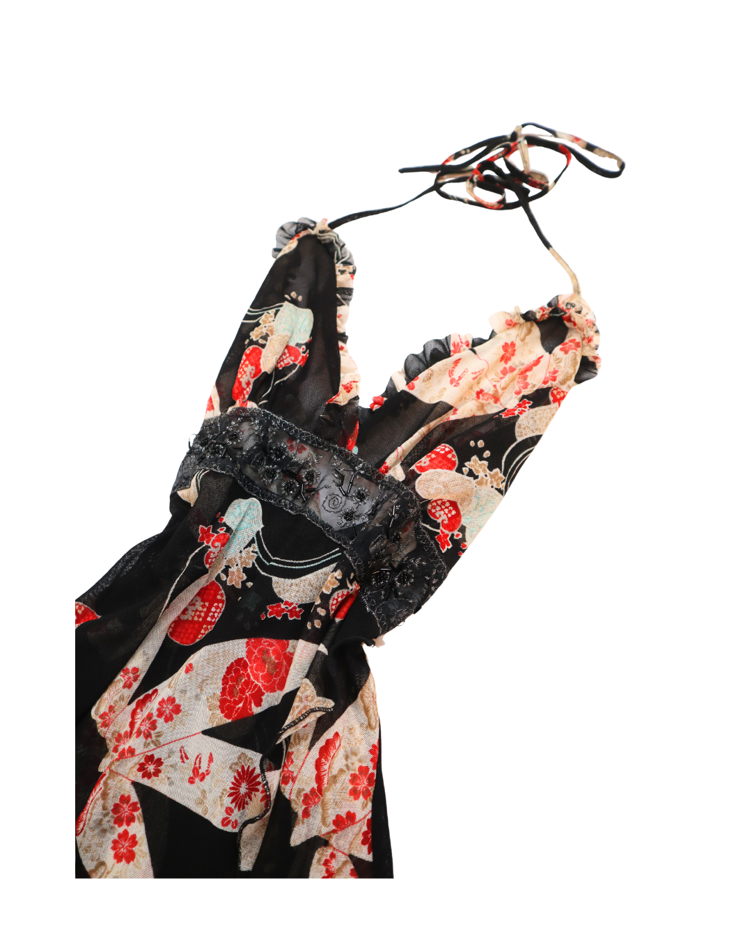 RARE Y2K Black And Red Sheer Embellished Halter Neck Top
