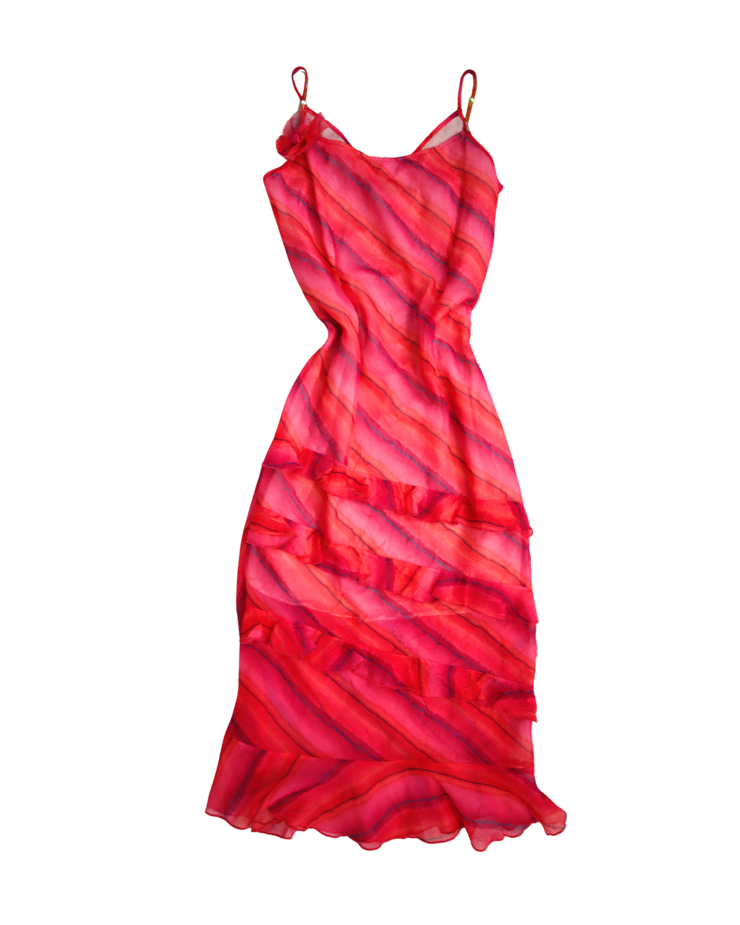 Pink Striped Ruffle Dress With Flower Detail
