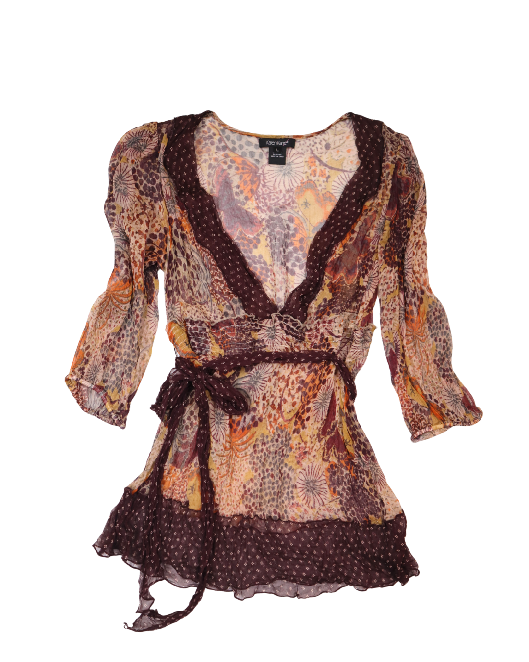 Sheer Boho Pattern V Neck Top