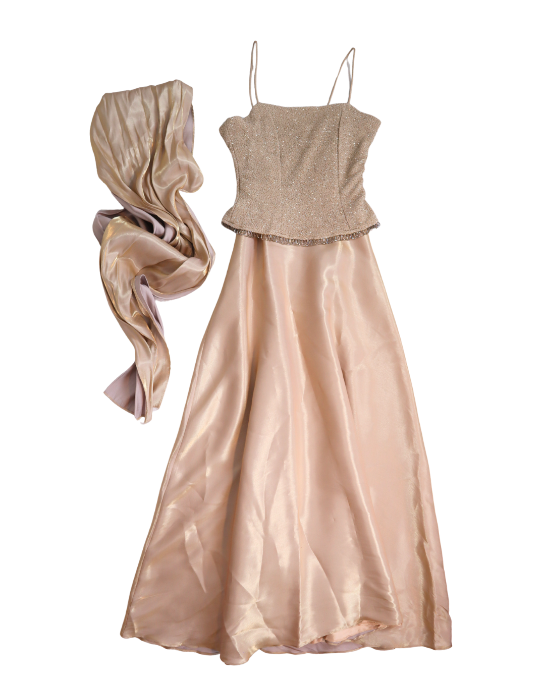 Gold Glitter And Bead Embellished Dress With Scarf