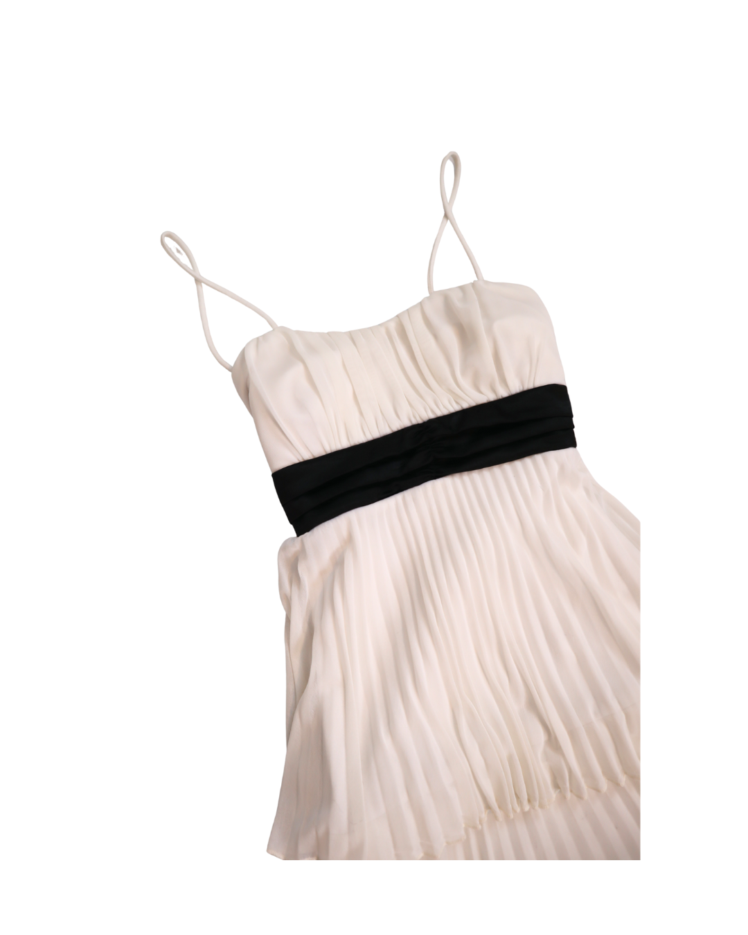 White Pleated Layered Dress With Black Tie Back