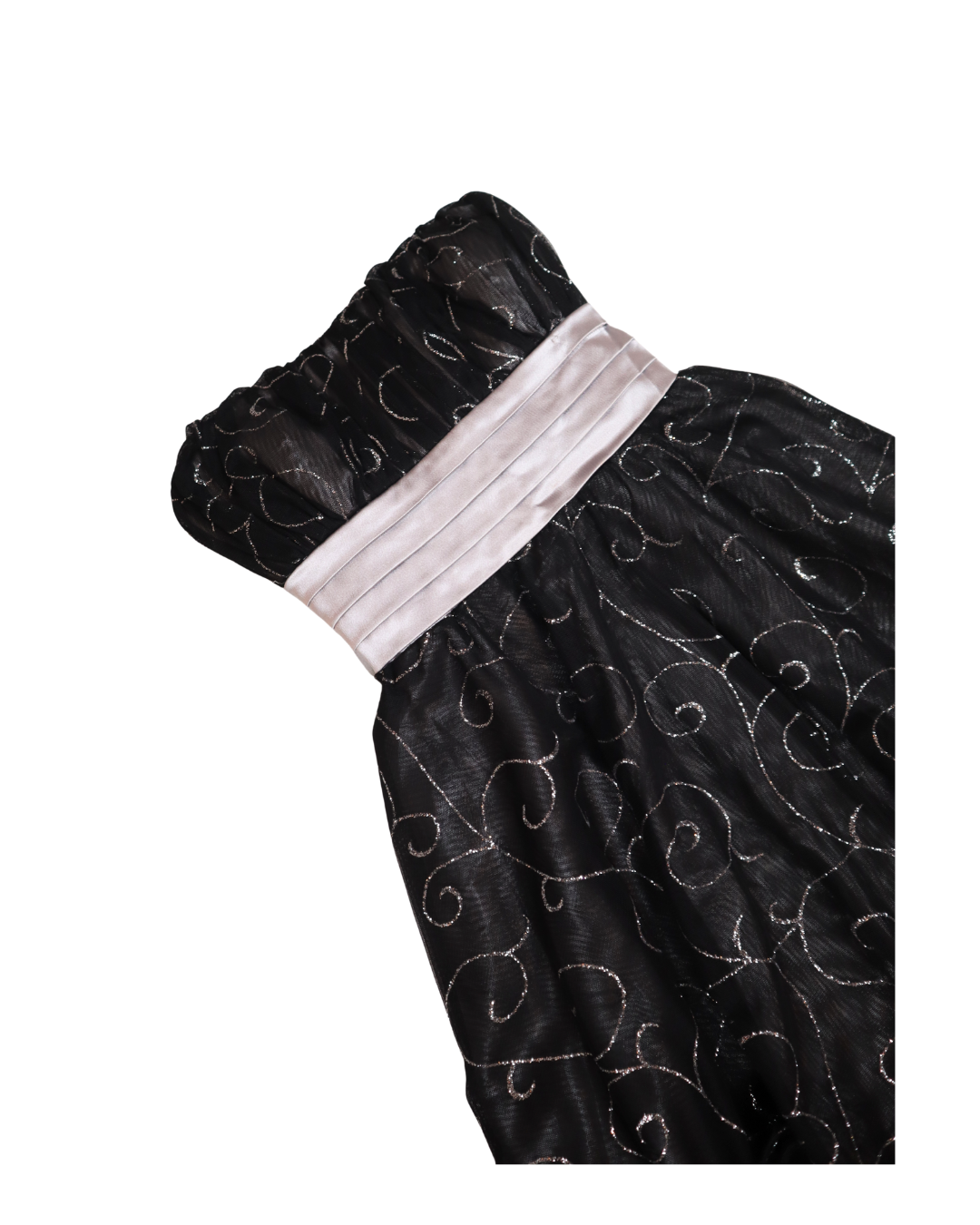 Strapless Black and Silver Sparkly Swirl Tie Back Mini Dress