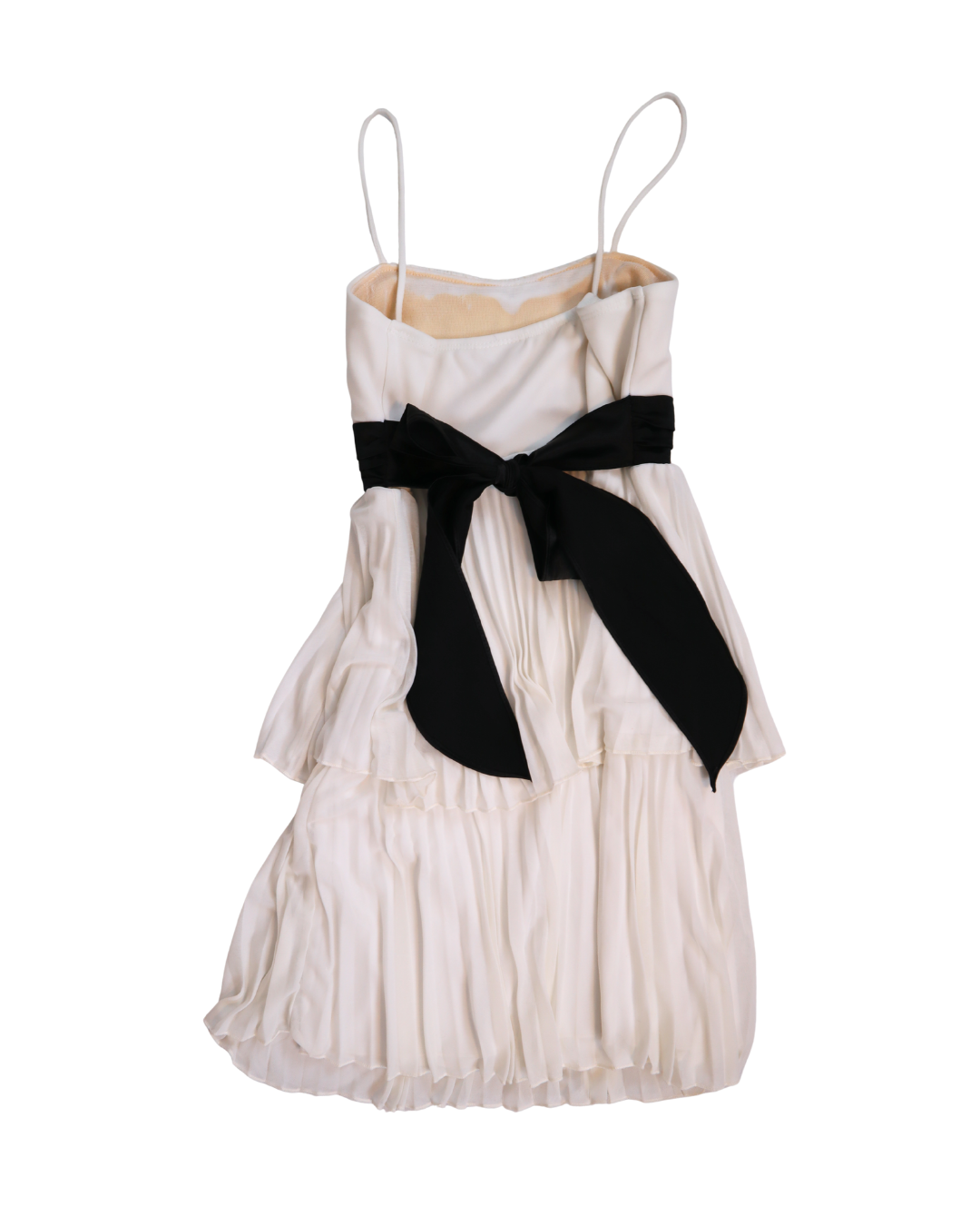 White Pleated Layered Dress With Black Tie Back