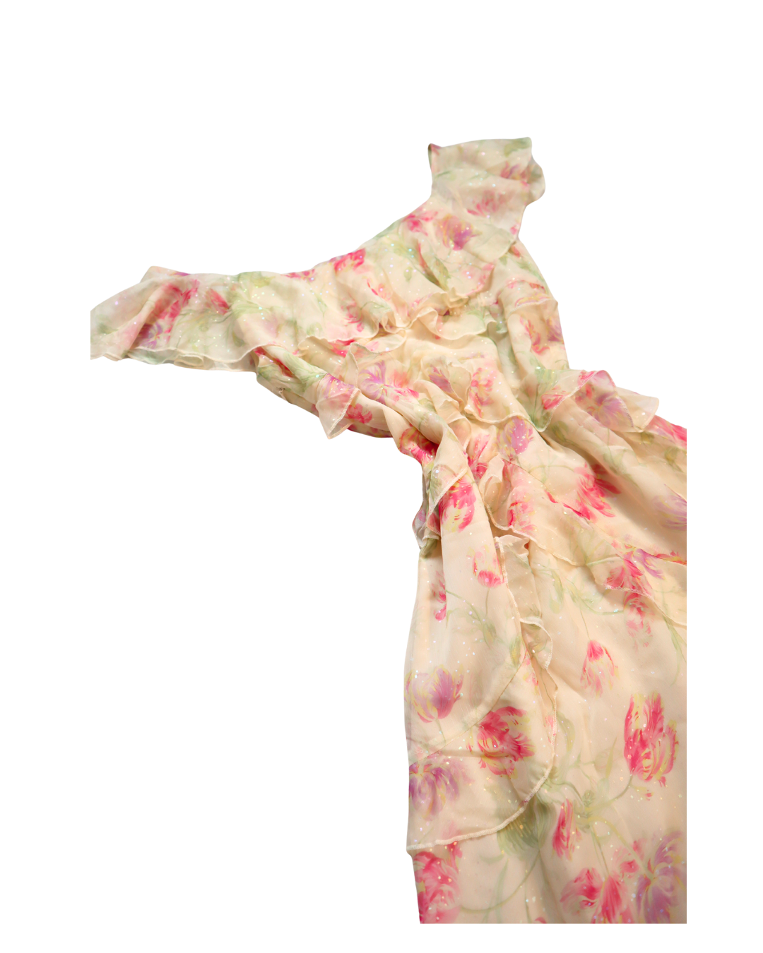 Y2K Sparkly Soft White And Pink Floral Ruffle Dress