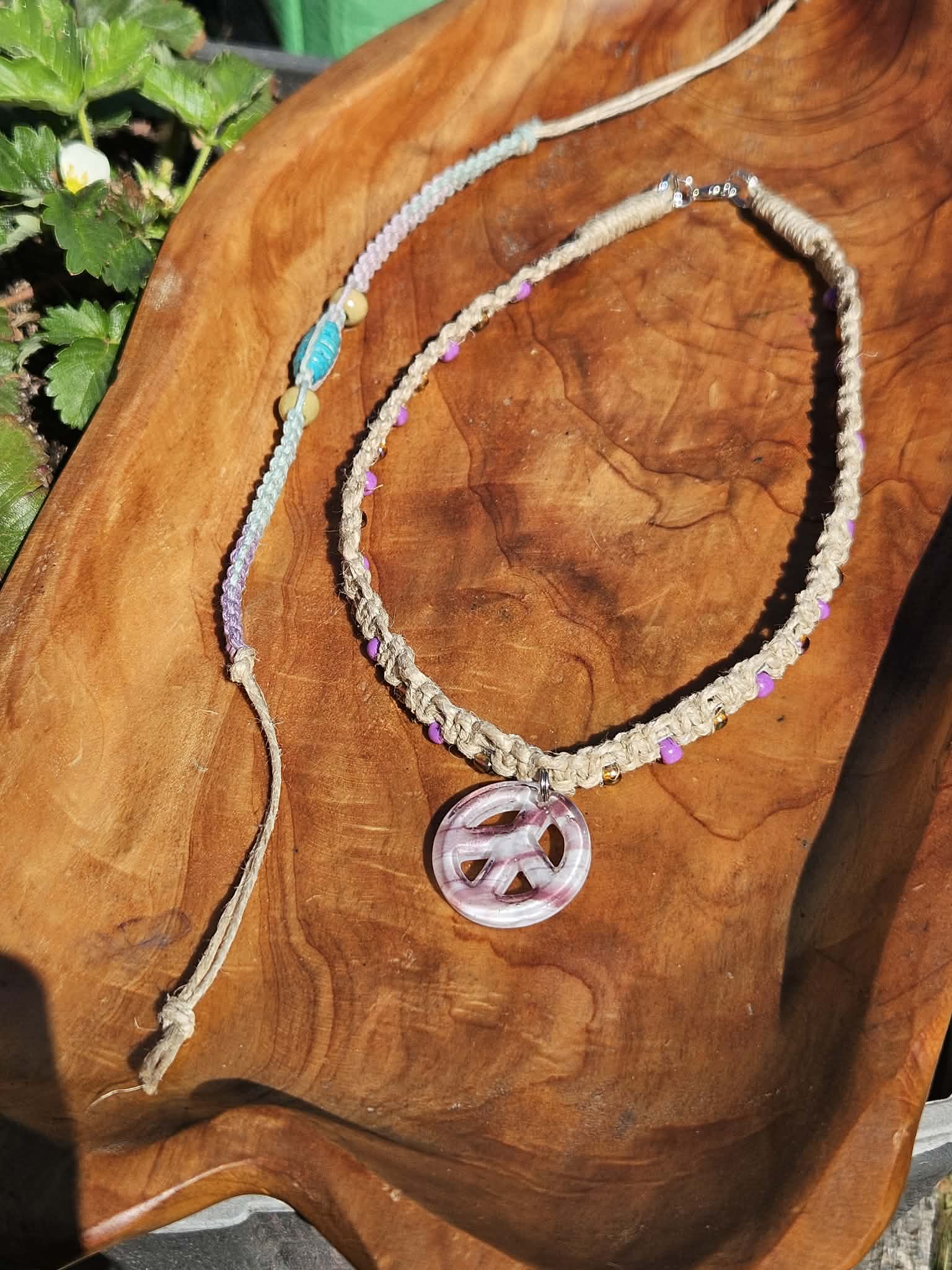 Peace and Love Hemp Necklace and Tie-on Bracelet