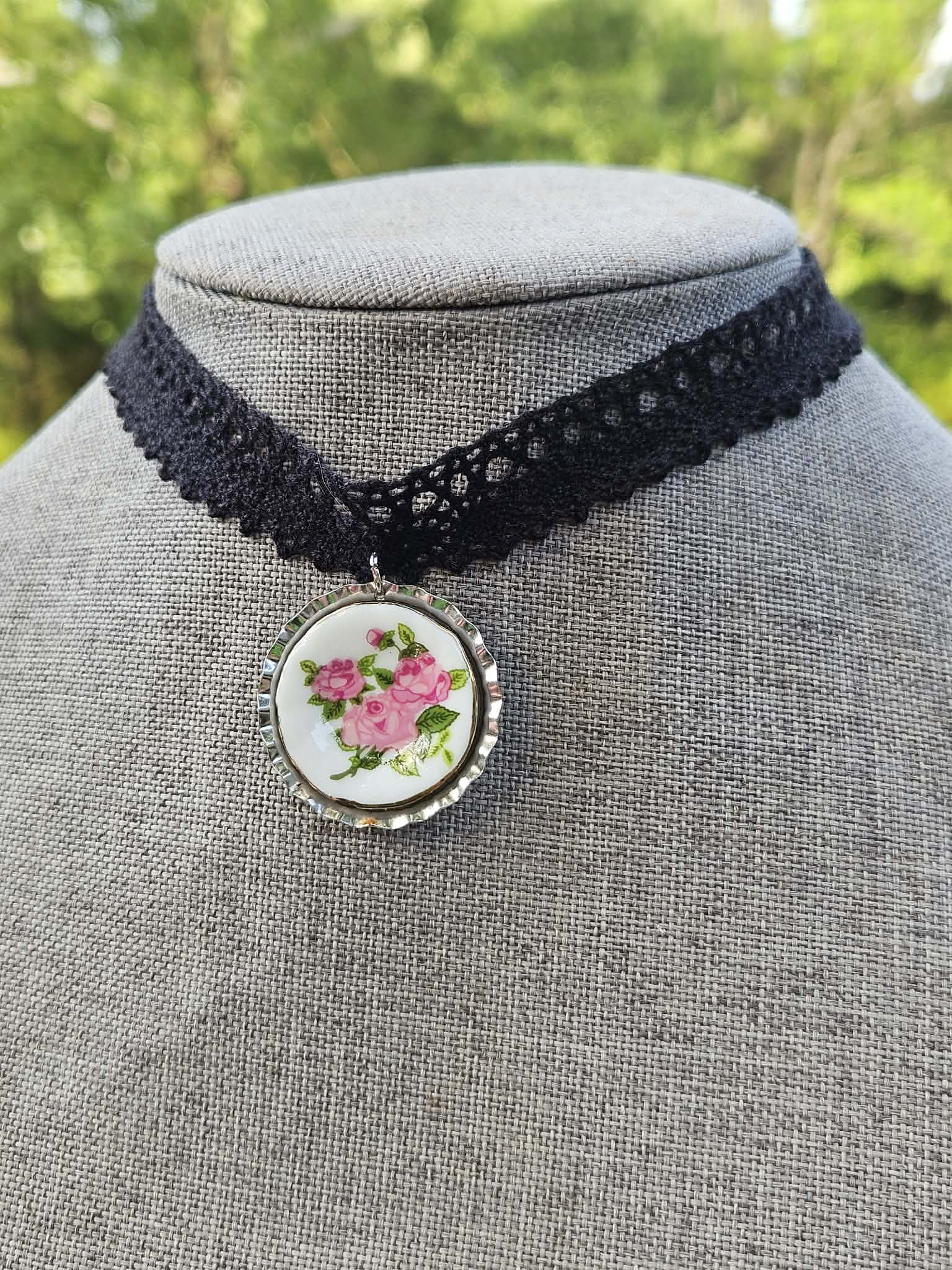 Vintage Porcelain Floral Tea Set Adjustable Choker