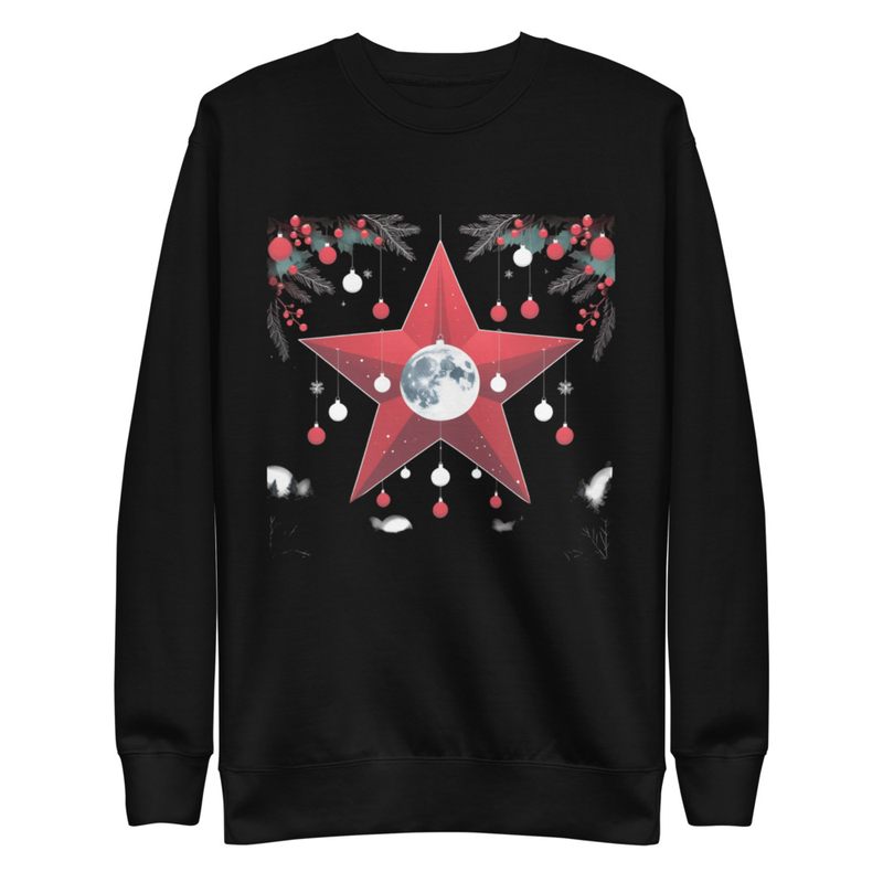 “Winter Moon Star Christmas Tee – Festive Red Star & Ornaments Holiday Shirt”