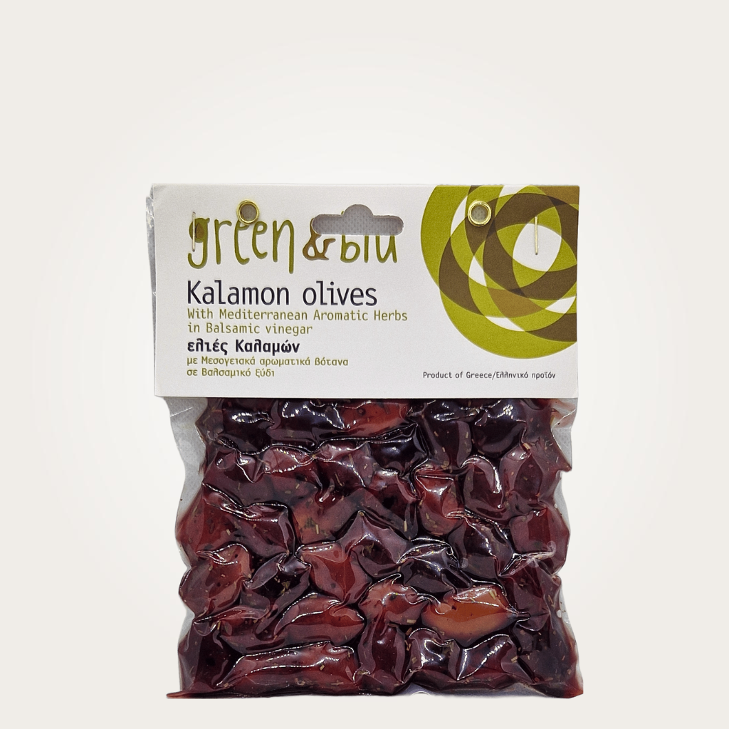 Green & Blu Kalamata Oliven mit mediterranen Kräutern in Balsamico Essig 200g