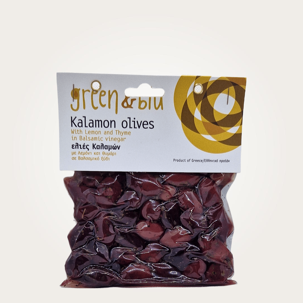 Green & Blu Kalamata Oliven mit Zitrone und Thymian in Balsamico Essig 200g