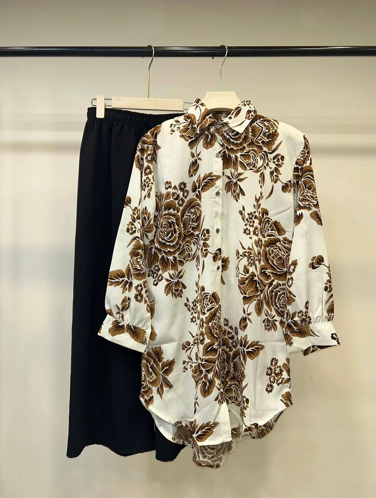 Floral Print Button-Up Shirt with Black Pant