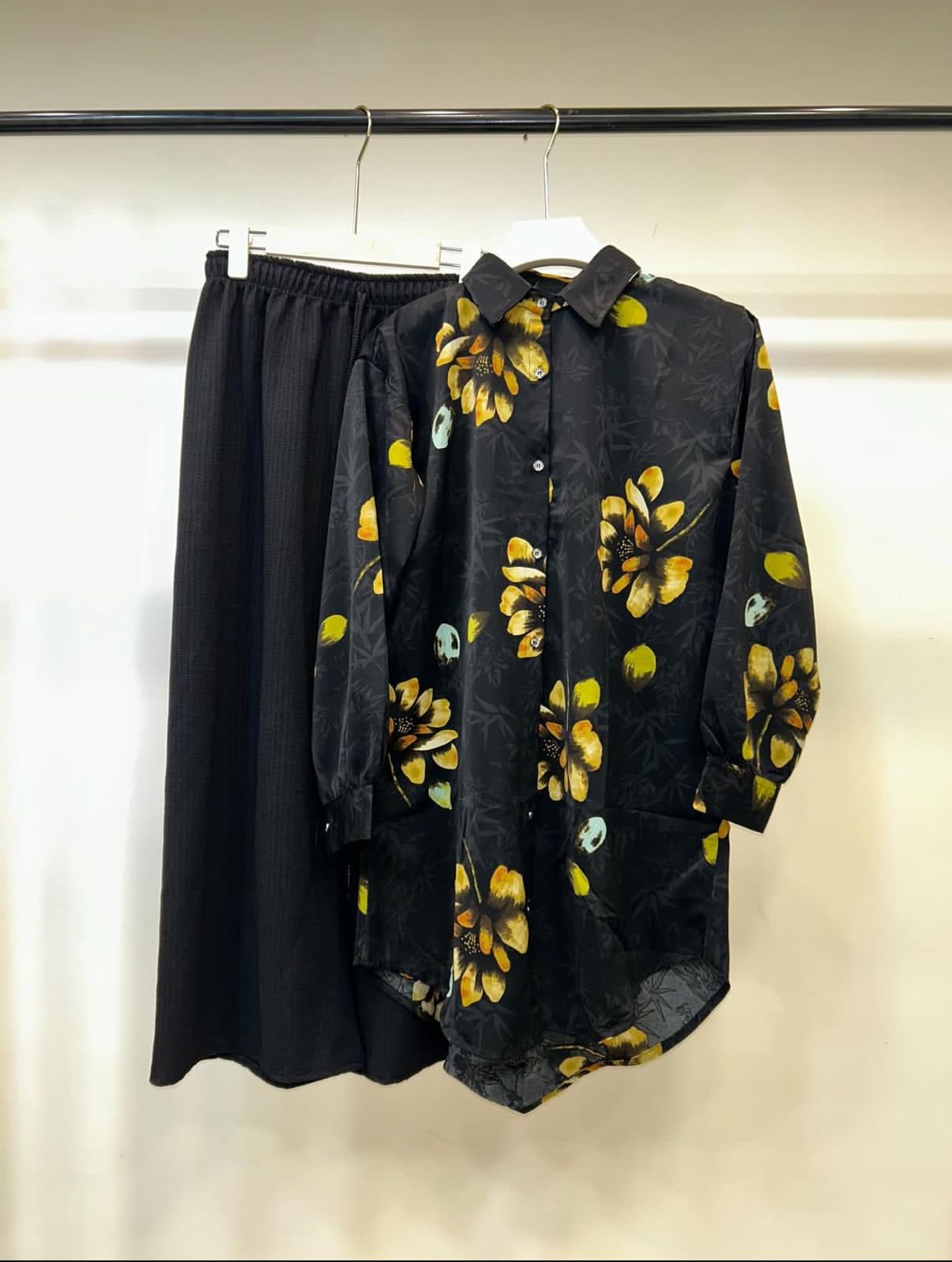Black Floral Shirt and Black Pant Set