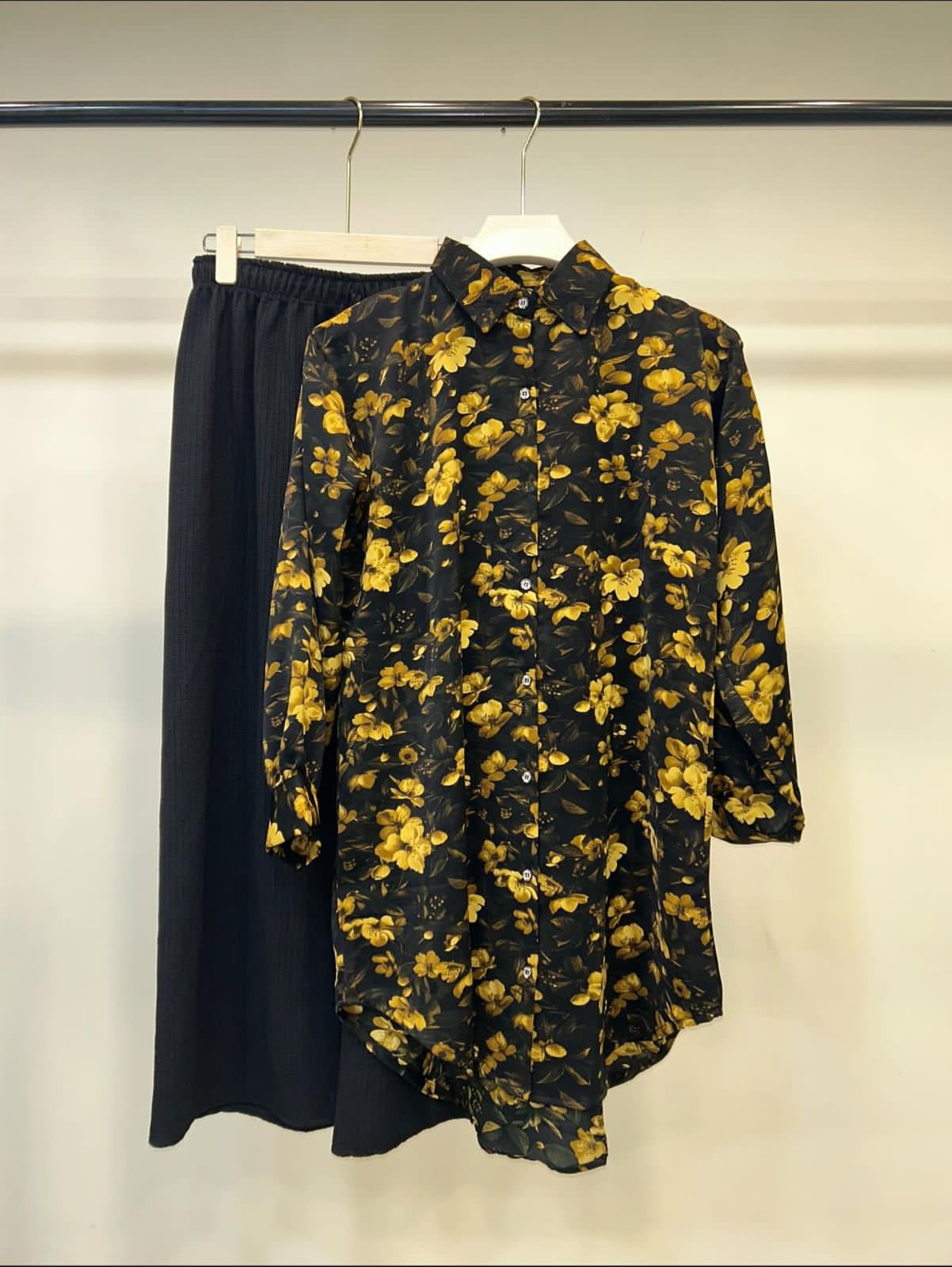 Floral Long Shirt and Black Trousers Set
