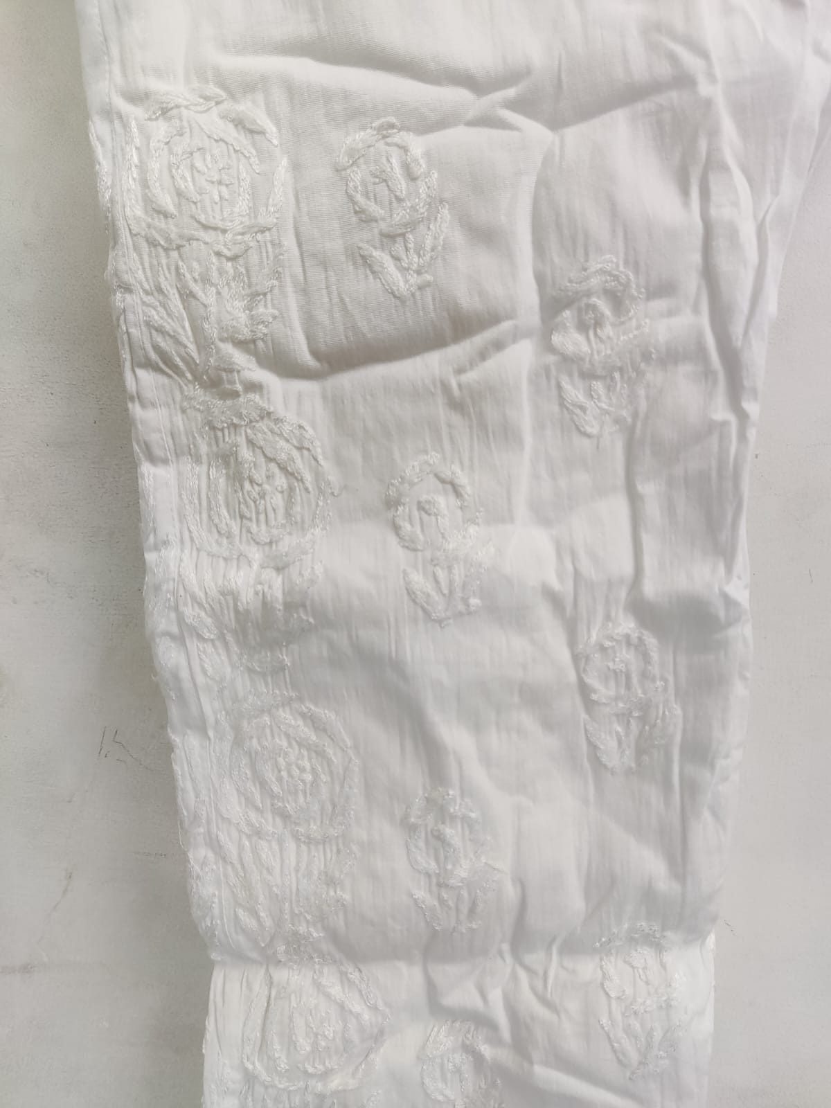 Lucknowi White Embroidered Fabric (Design Rose)