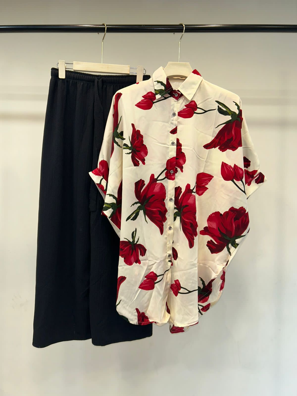 Floral Print Button-up Shirt with Black Pant