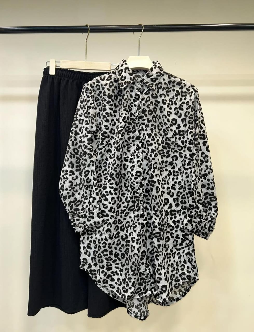 Leopard Print Long Sleeve Shirt with Black Pant Set