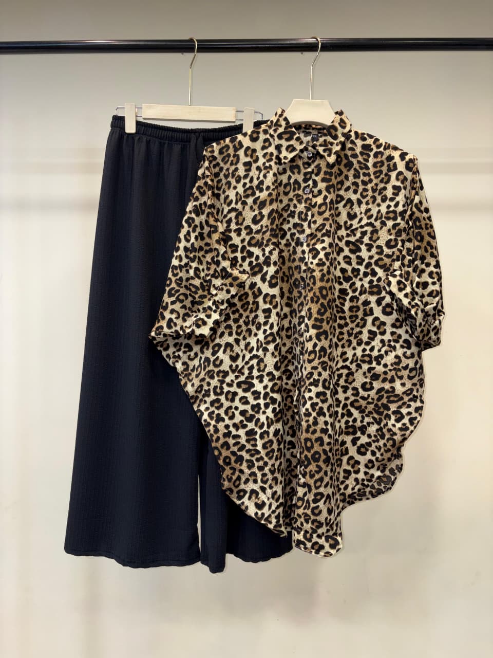 Leopard Print Kaftan Shirt and Black Pants Set