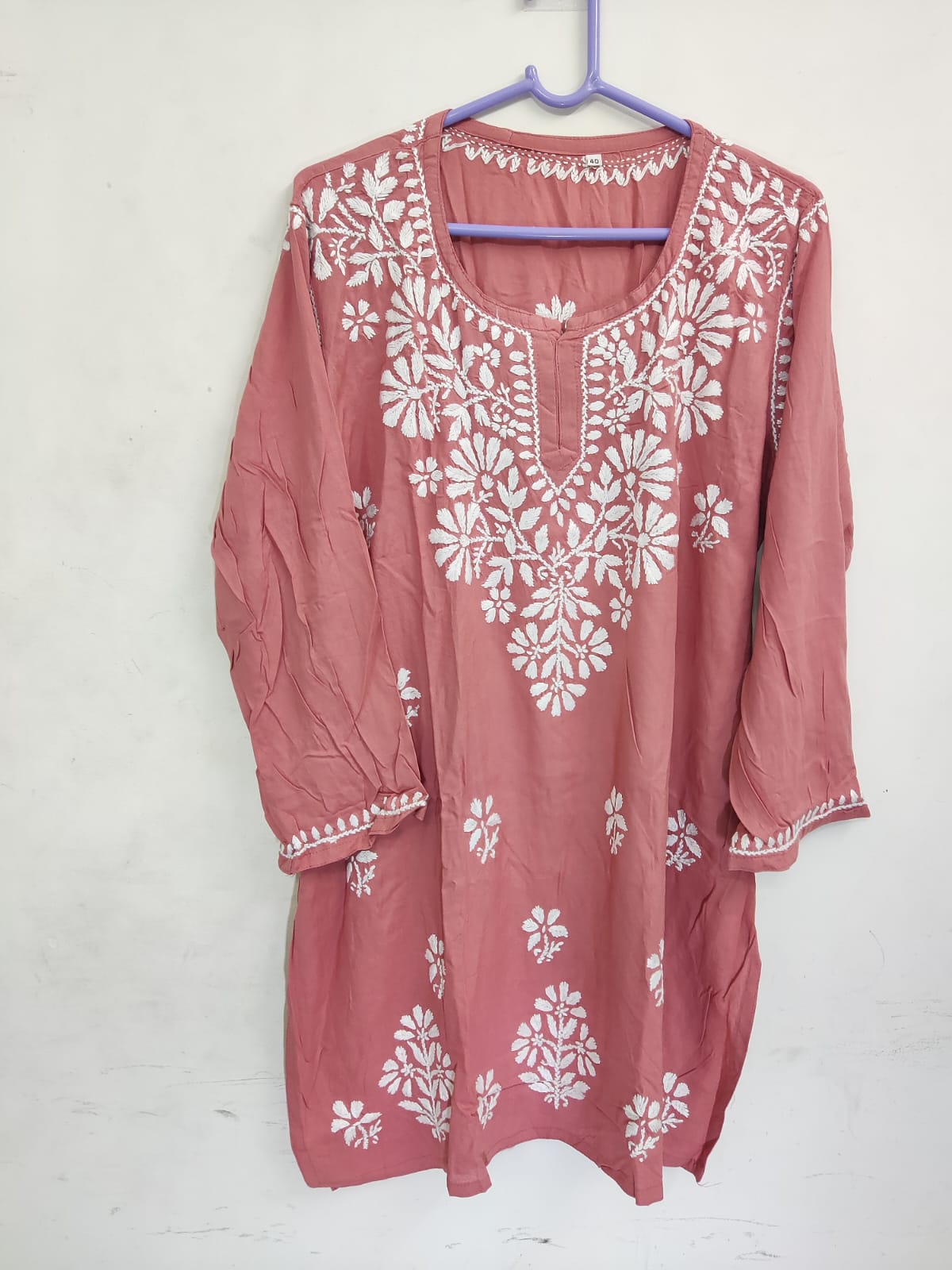 Peach Embroidered Mul Short Kurti
