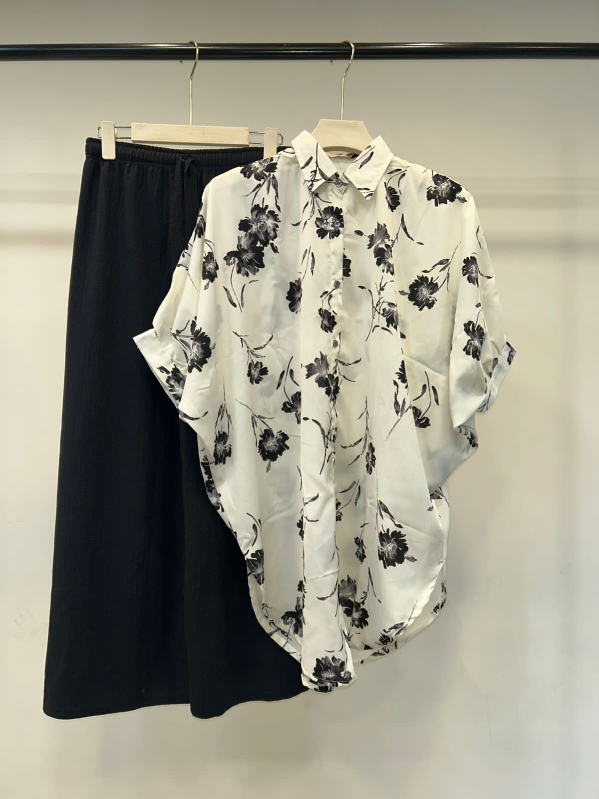 Floral Print Button-Down Shirt with Black Pant