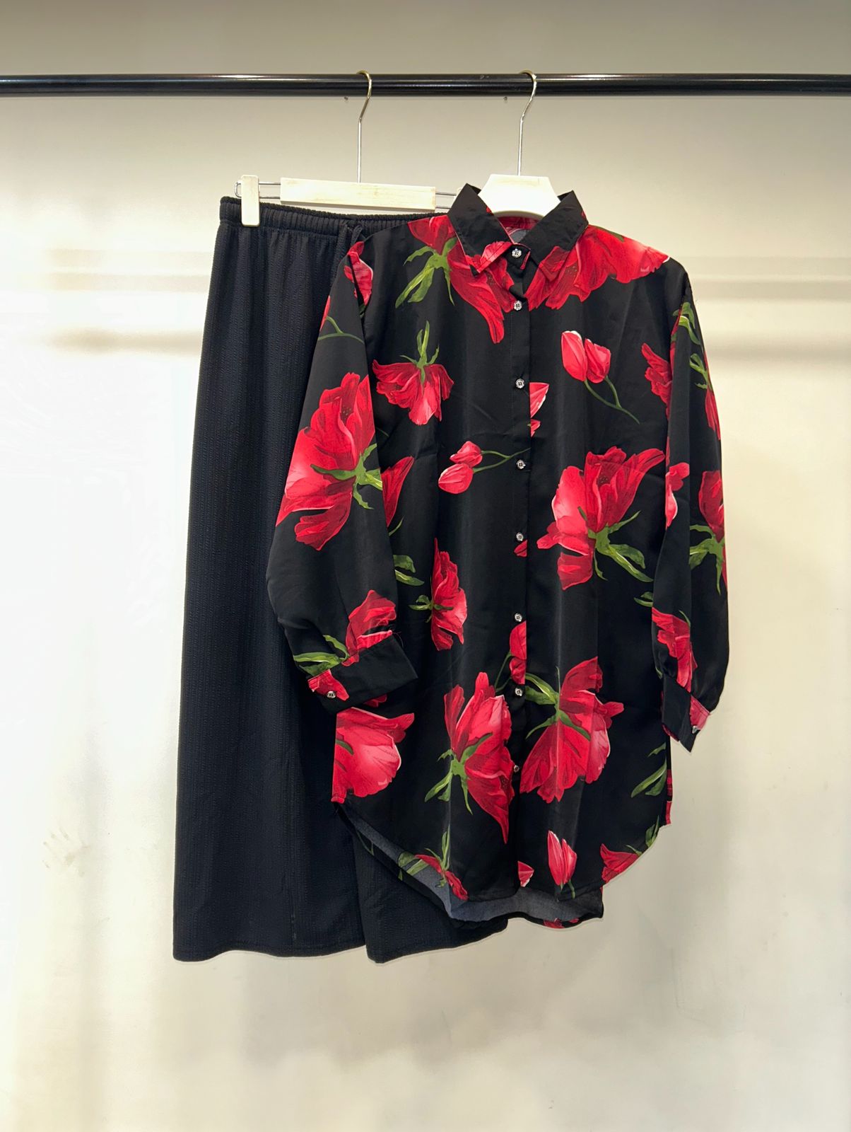 Floral Print Shirt with Black Pant Set