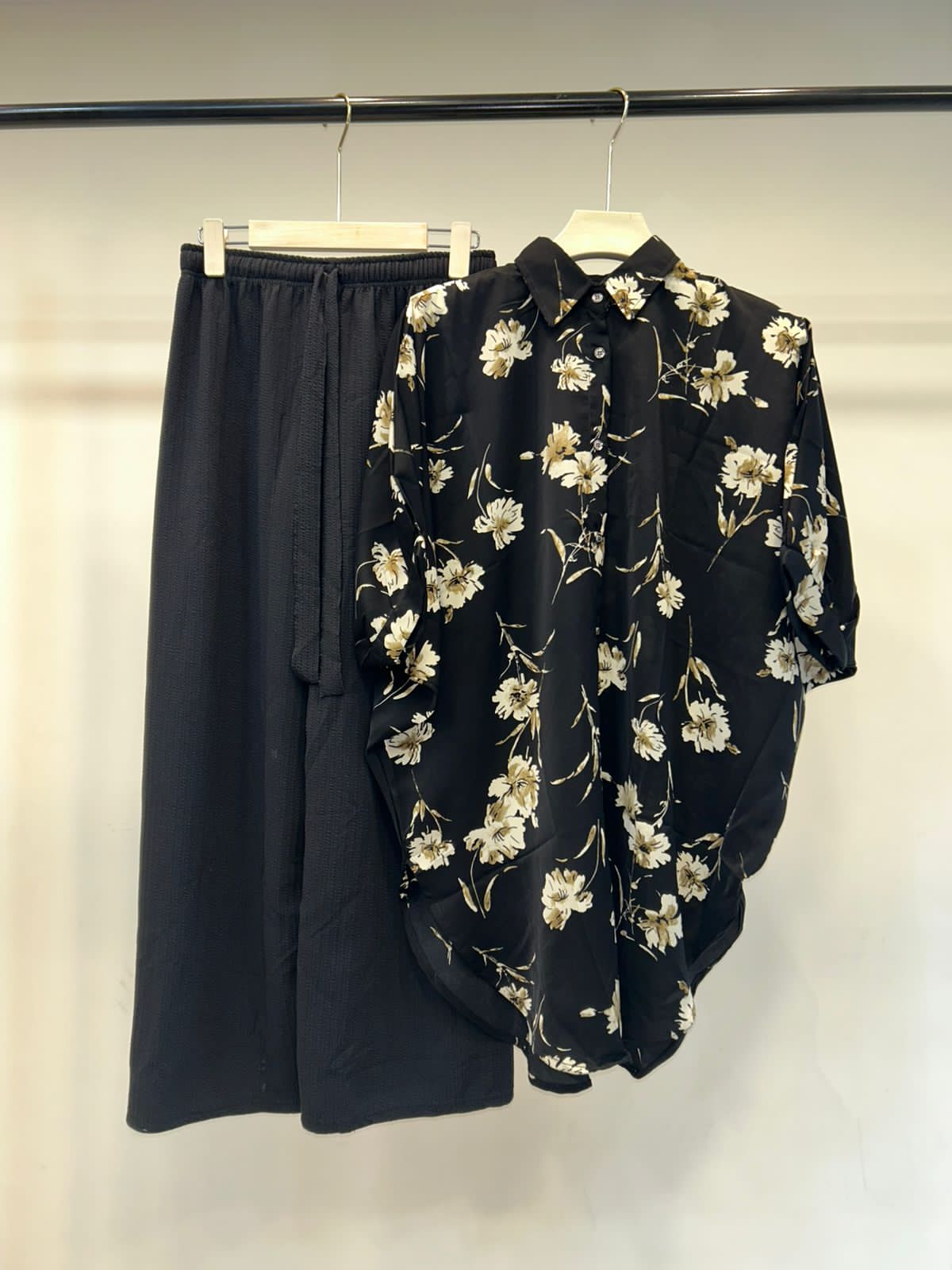Black Floral Shirt and Wide-Leg Pants Set