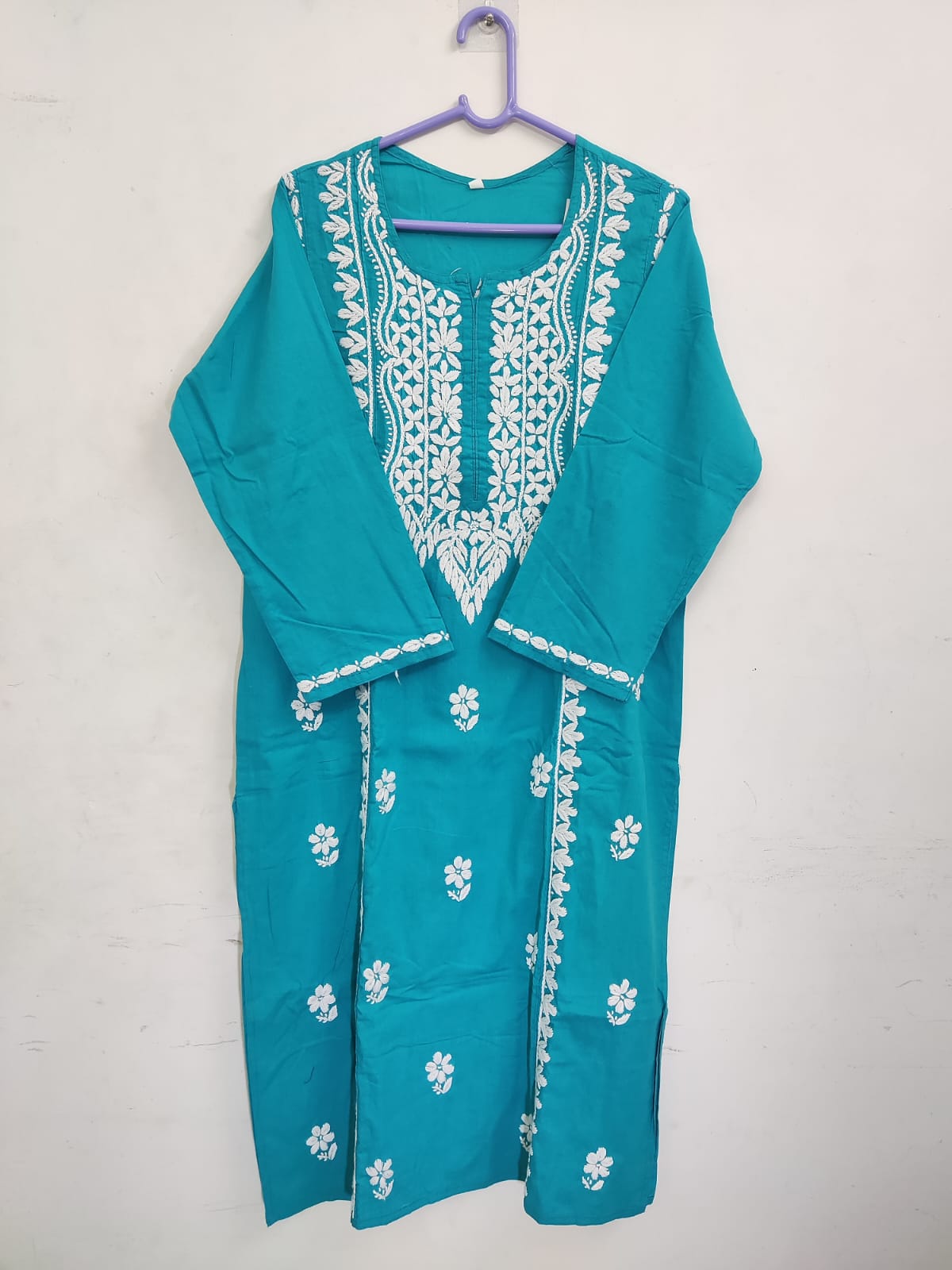 Sky Blue Embroidered Cotton Kurti