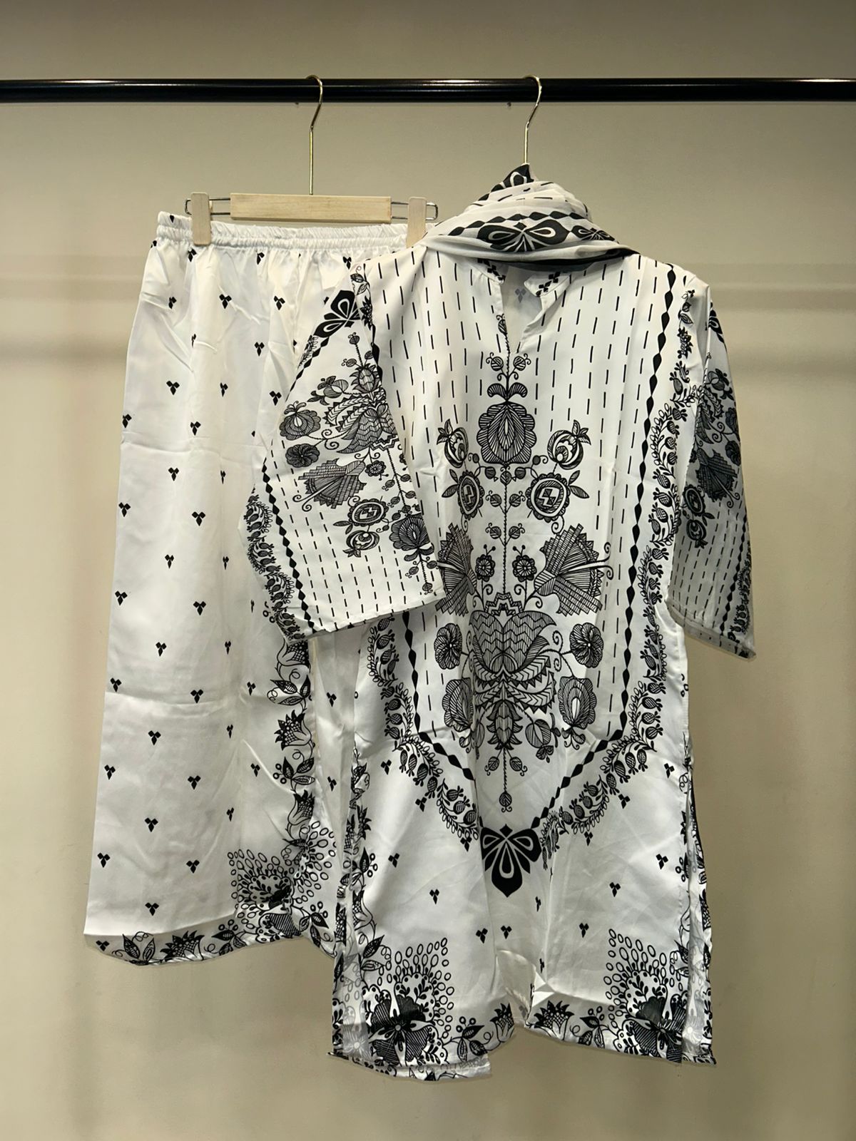 White and Black Printed Traditional Turkish Outfit Cord Set with Dupatta