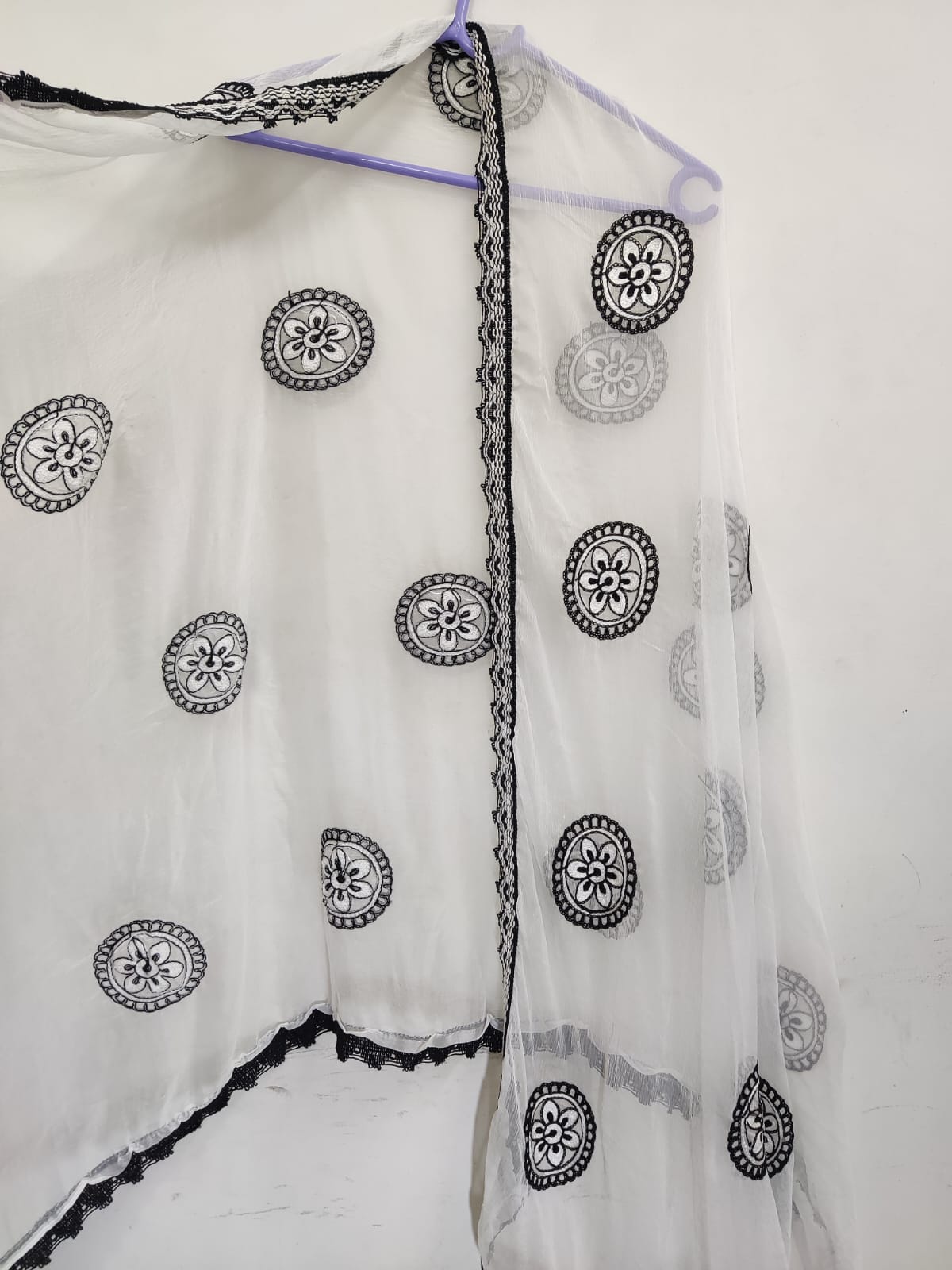 Embroidered White and Black Georgette Dupatta