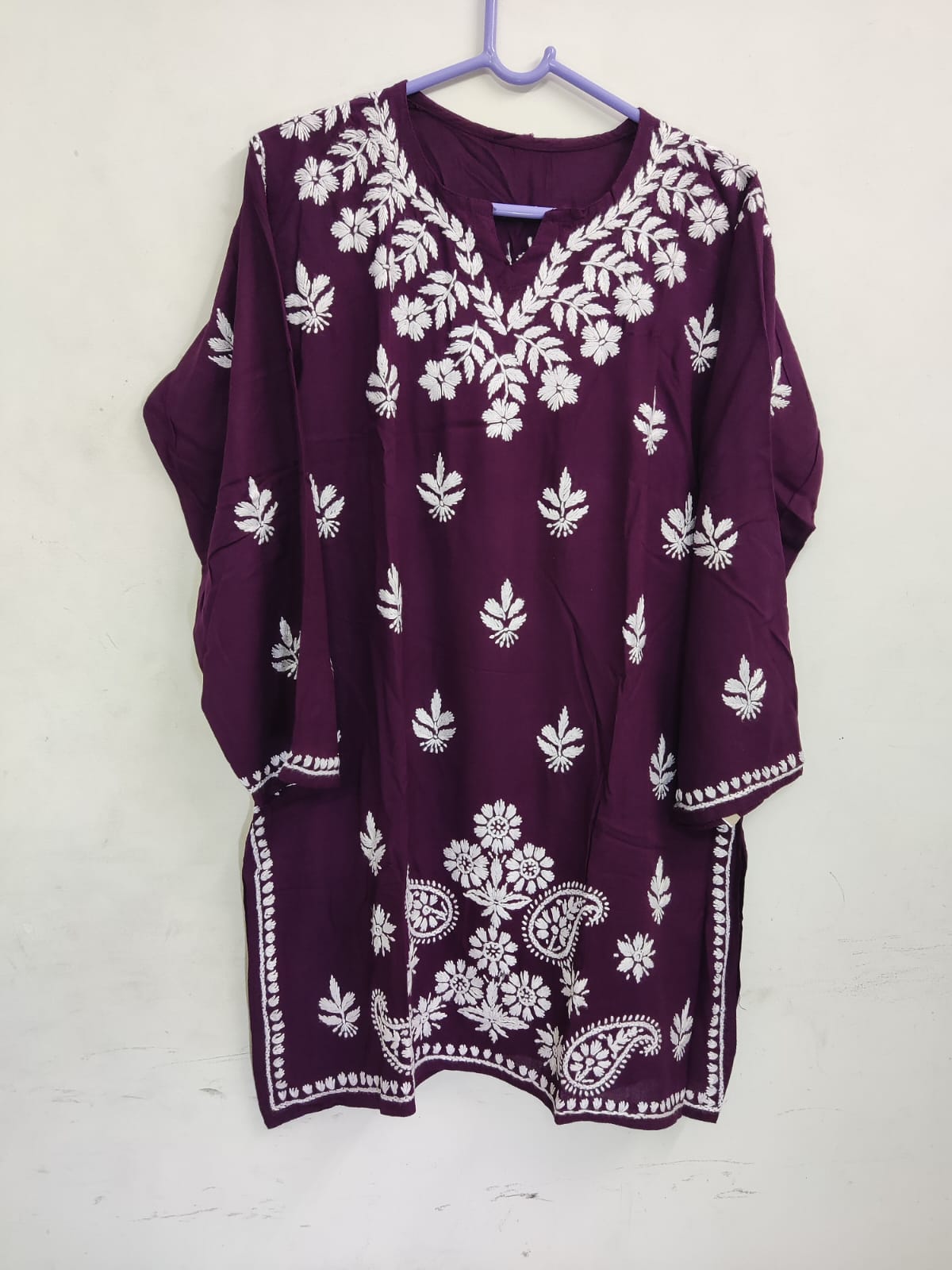 Dark Purple Embroidered Rayon Short Kurti