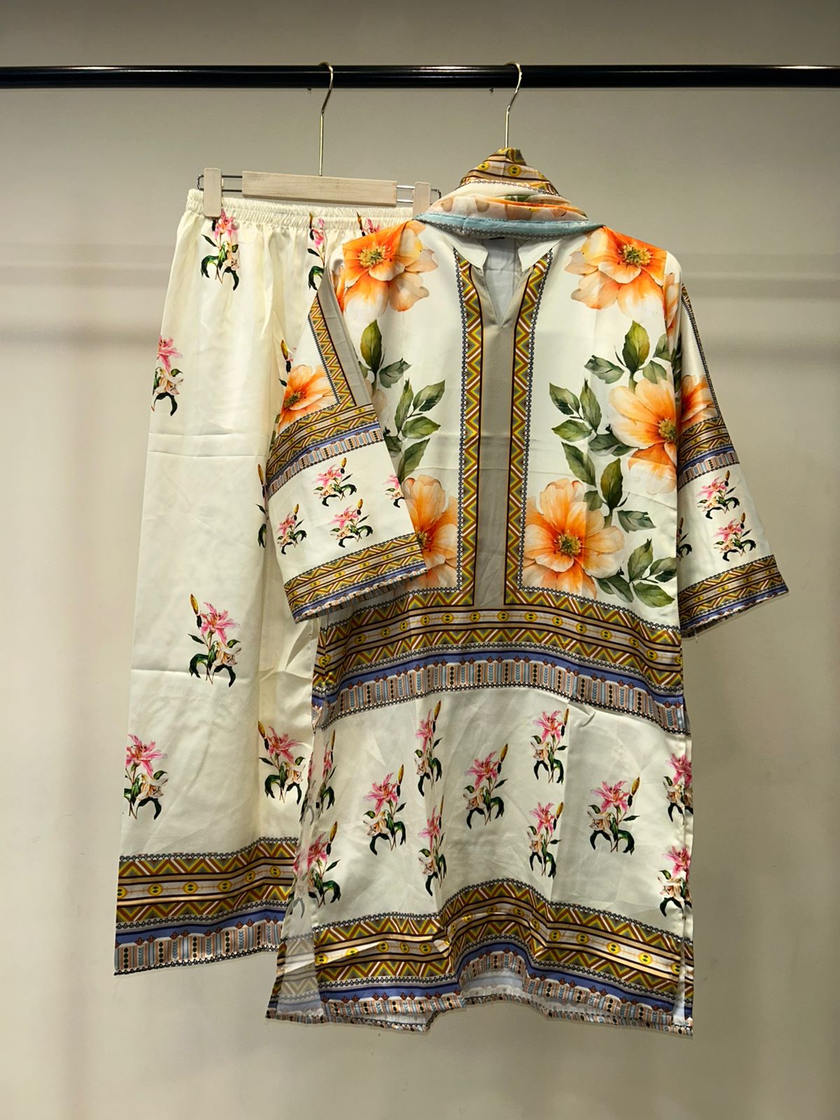 Turkish Floral Printed Women’s Cord Set with Dupatta