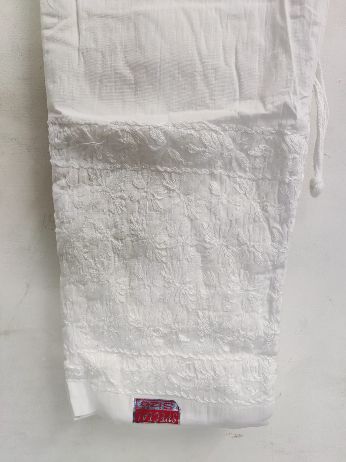 Lucknowi White Embroidered Fabric (Design Rose)