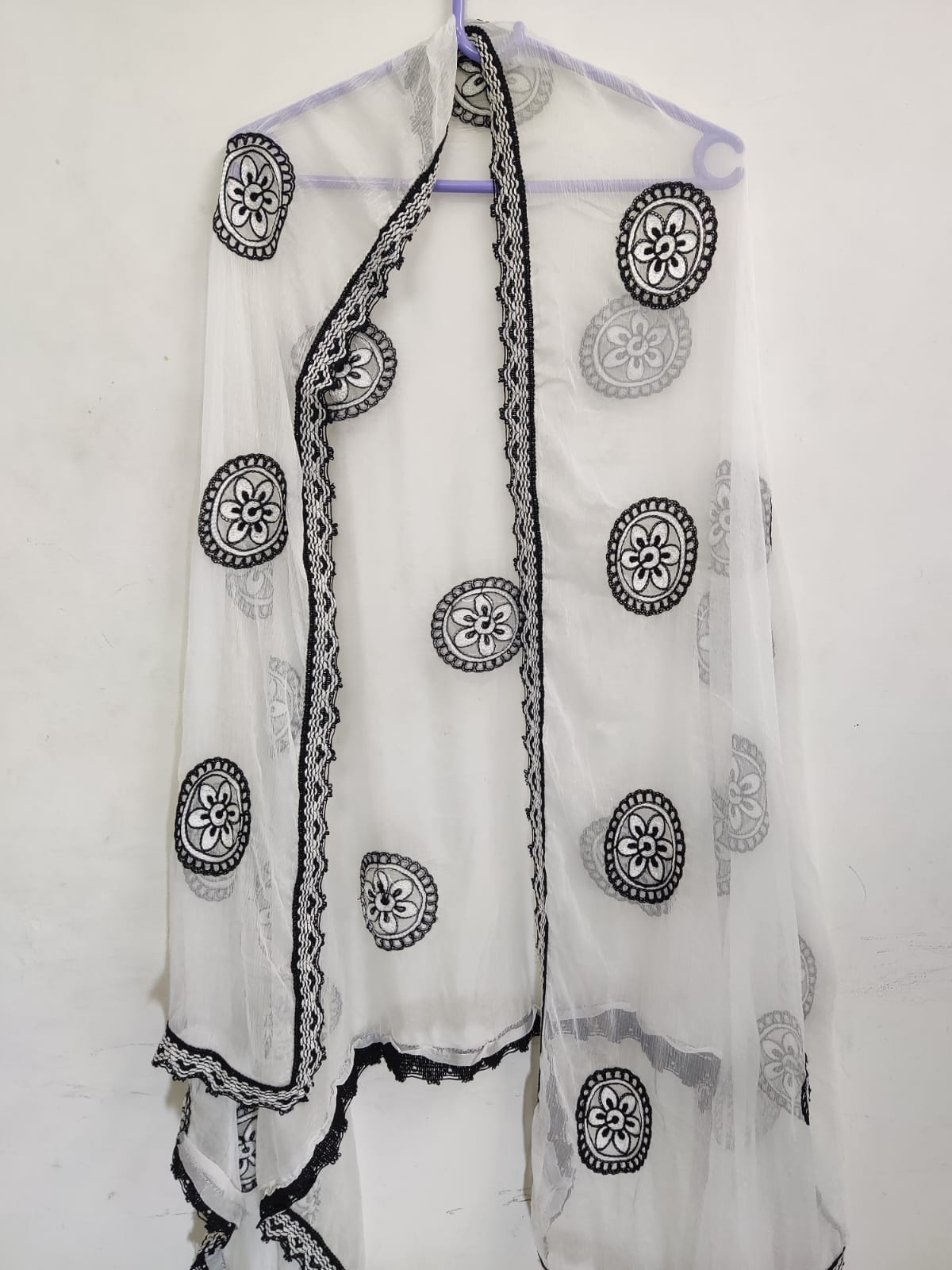 Embroidered White and Black Georgette Dupatta