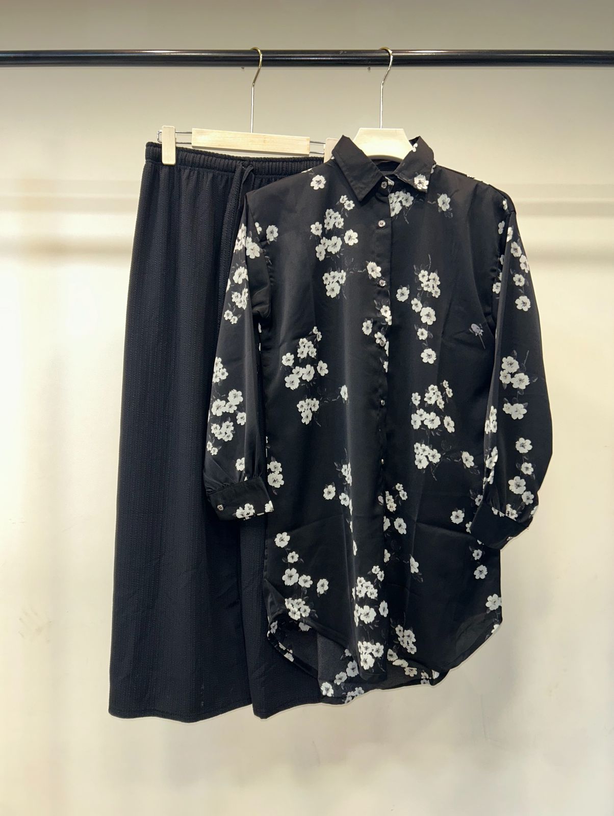 Black Floral Shirt and Skirt Set with Black Pant