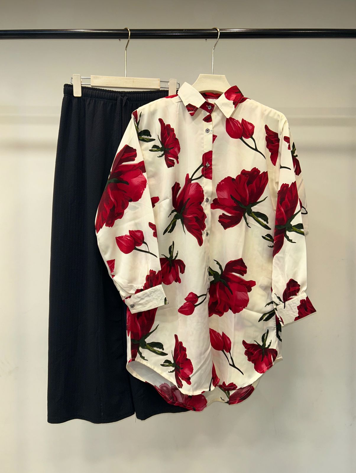 Floral Print Button-Down Shirt with Black Pant