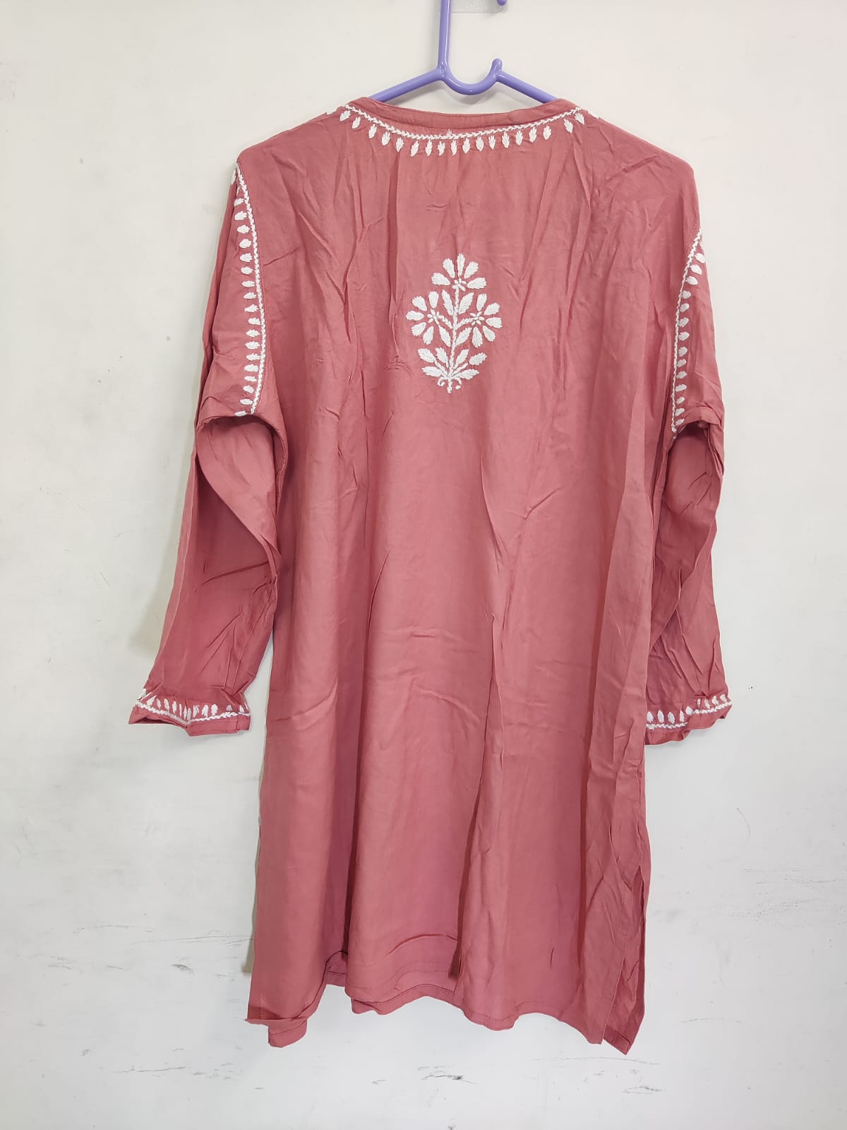 Peach Embroidered Mul Short Kurti