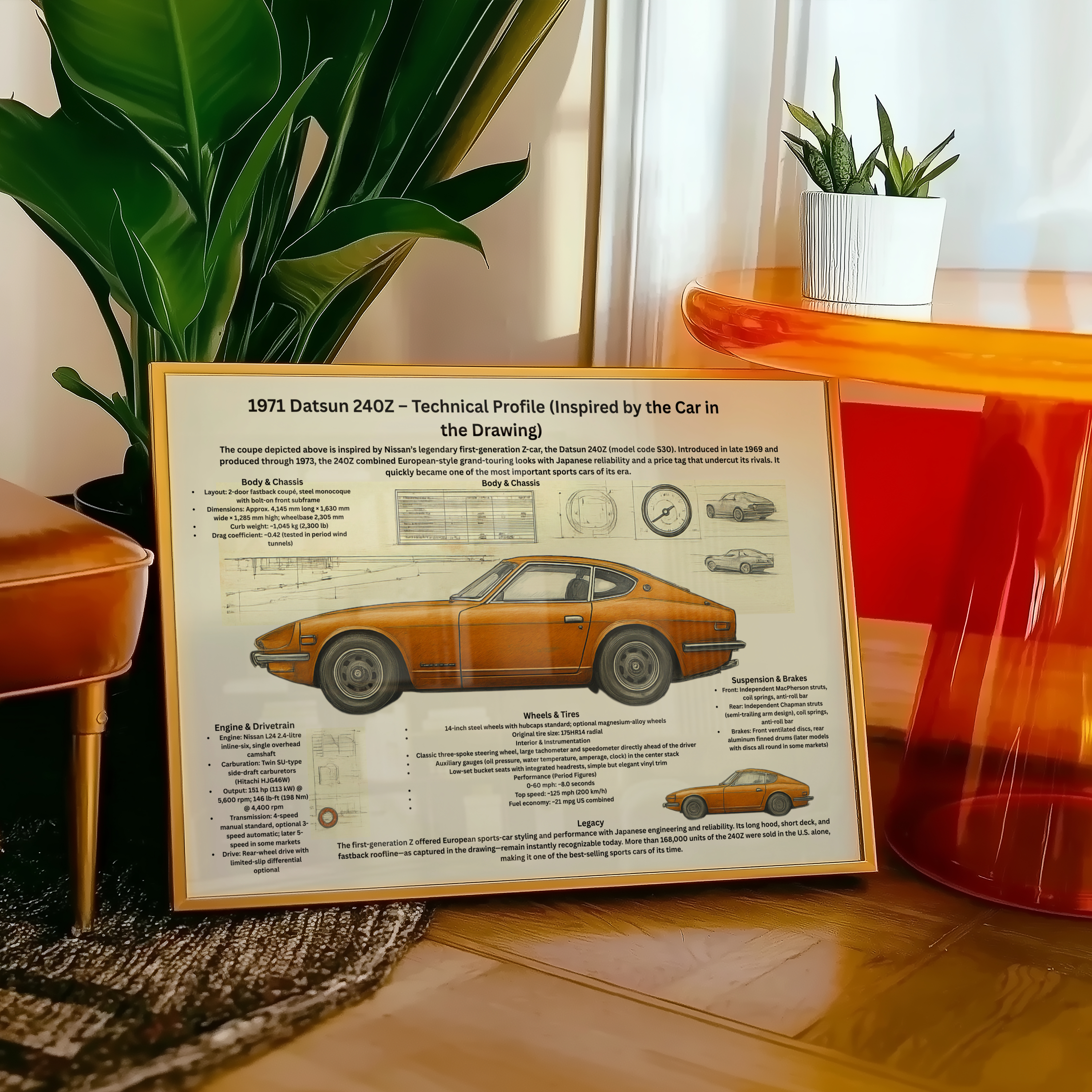 A2 Poster Klassisk Japansk Sportcoupé – Teknisk Bilillustration