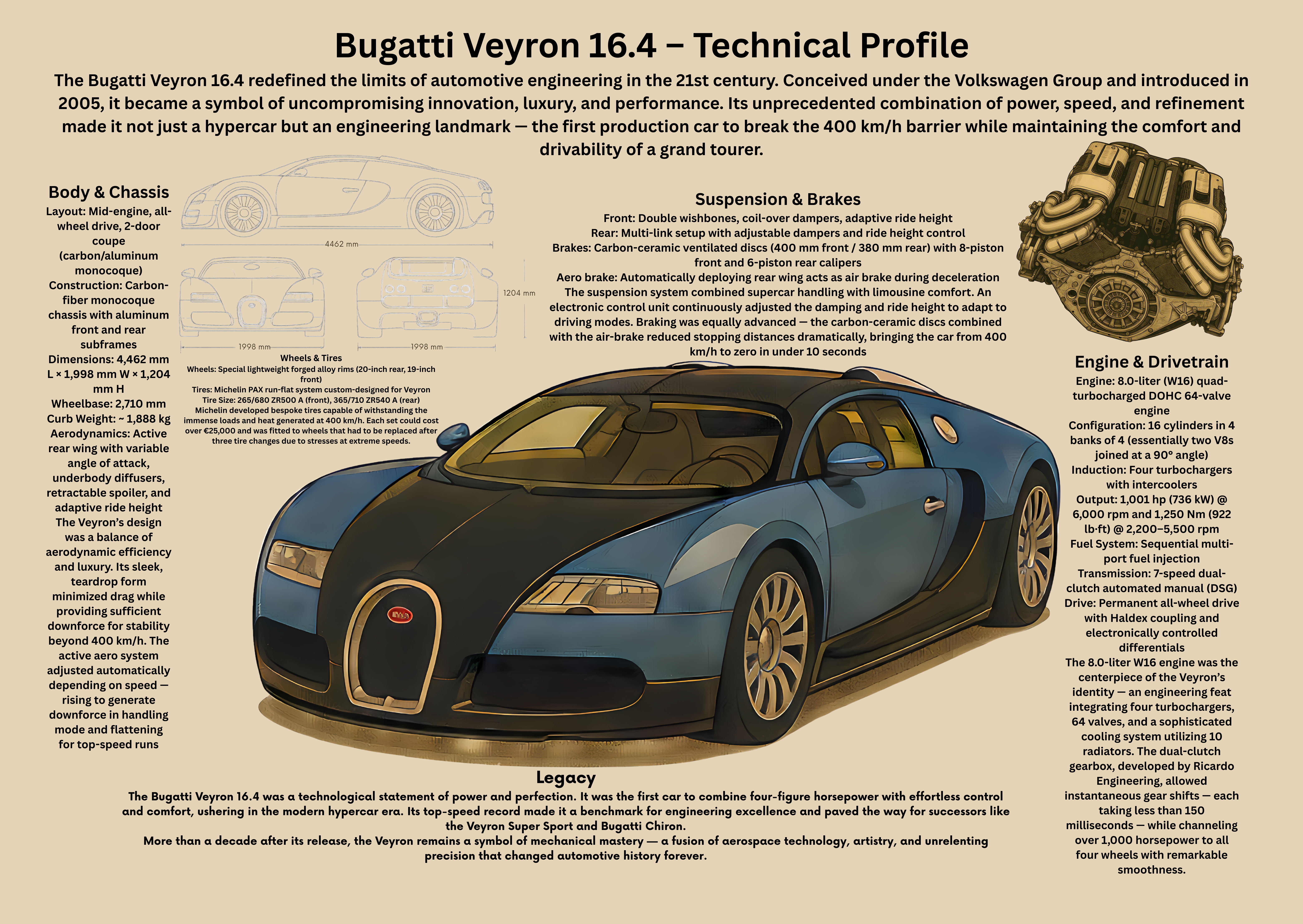 Bugatti Veyron – Technical Profile -Affischer A2