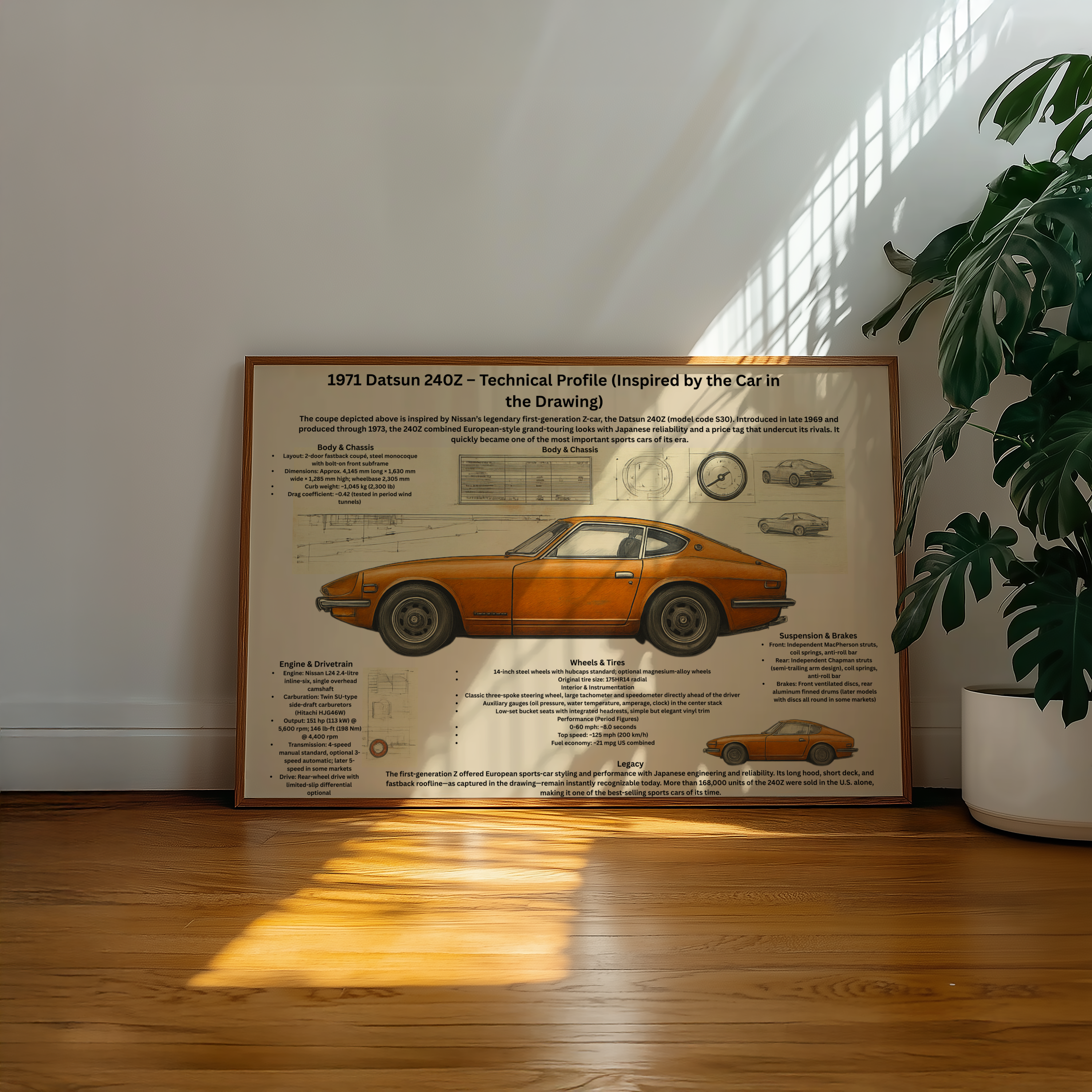 A2 Poster Klassisk Japansk Sportcoupé – Teknisk Bilillustration